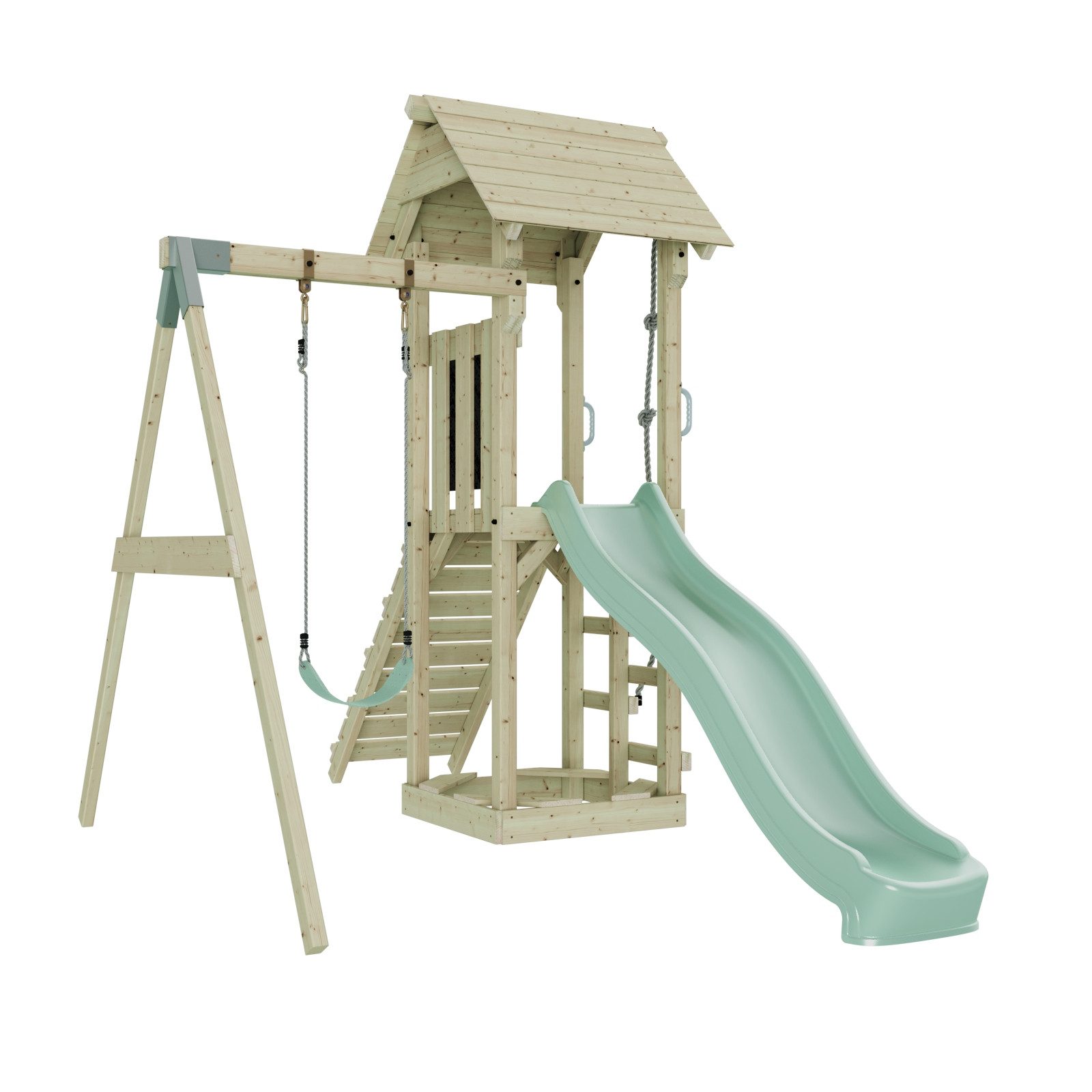 OutdoorToys Spielturm Göteborg aus Holz in Mintgrün mit Kinderschaukel & Rutsche, aus Holz in Mintgrün mit Kinderschaukel & Rutsche
