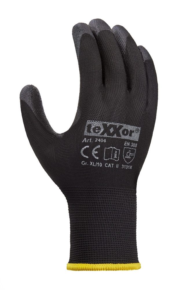 teXXor Strickhandschuhe Polyester-Strickhandschuh schwarz PU beschichtet 2404 (Packung, 12-St., VPE= 12-240 Paar, Gr 6-12) Atmungsaktiv/ölbeständig