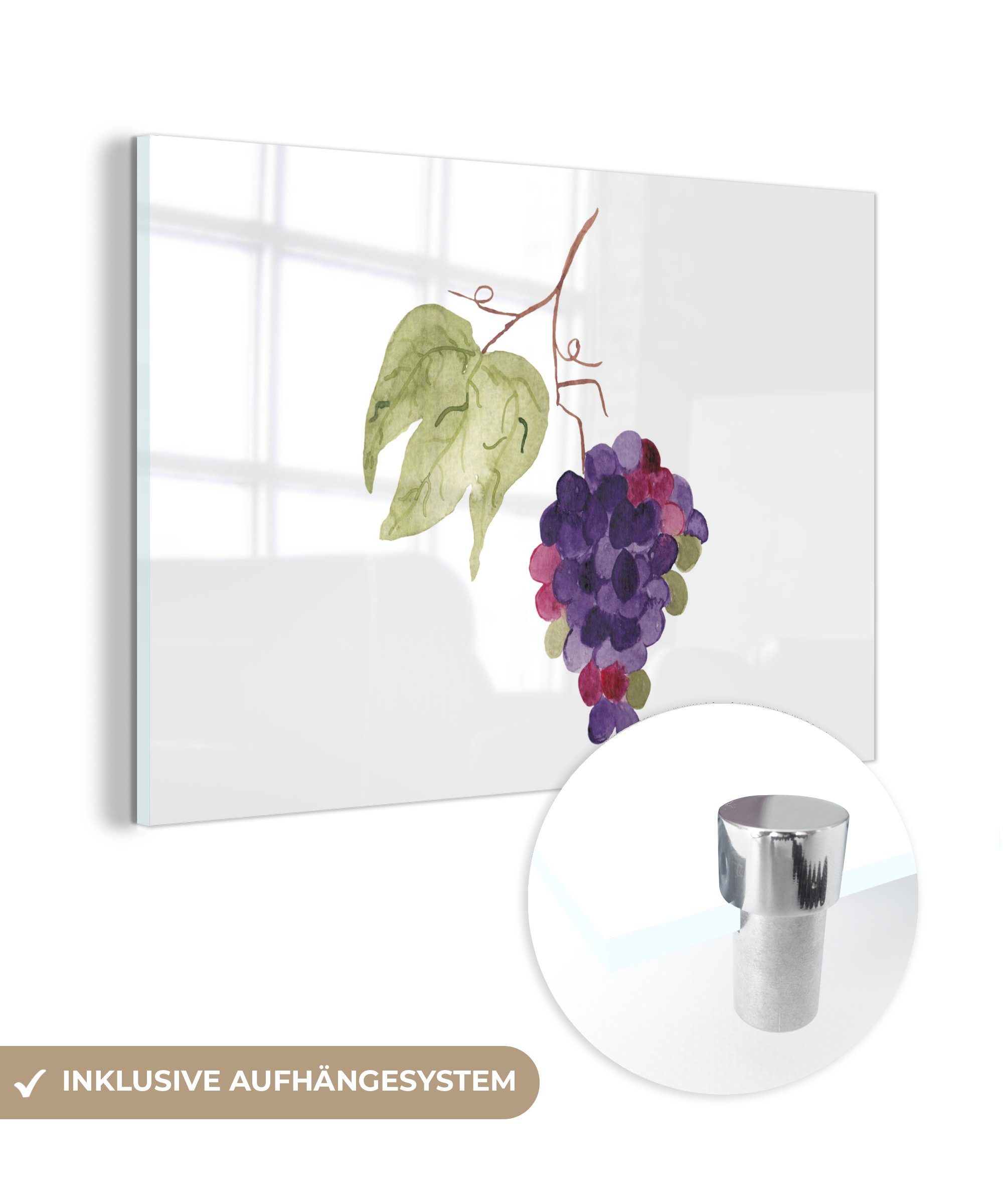 (1 - Glasbilder - auf - Foto MuchoWow Acrylglasbild Wandbild Aquarell, Bilder - Glas - Blätter auf St), Glas Wanddekoration Weintrauben