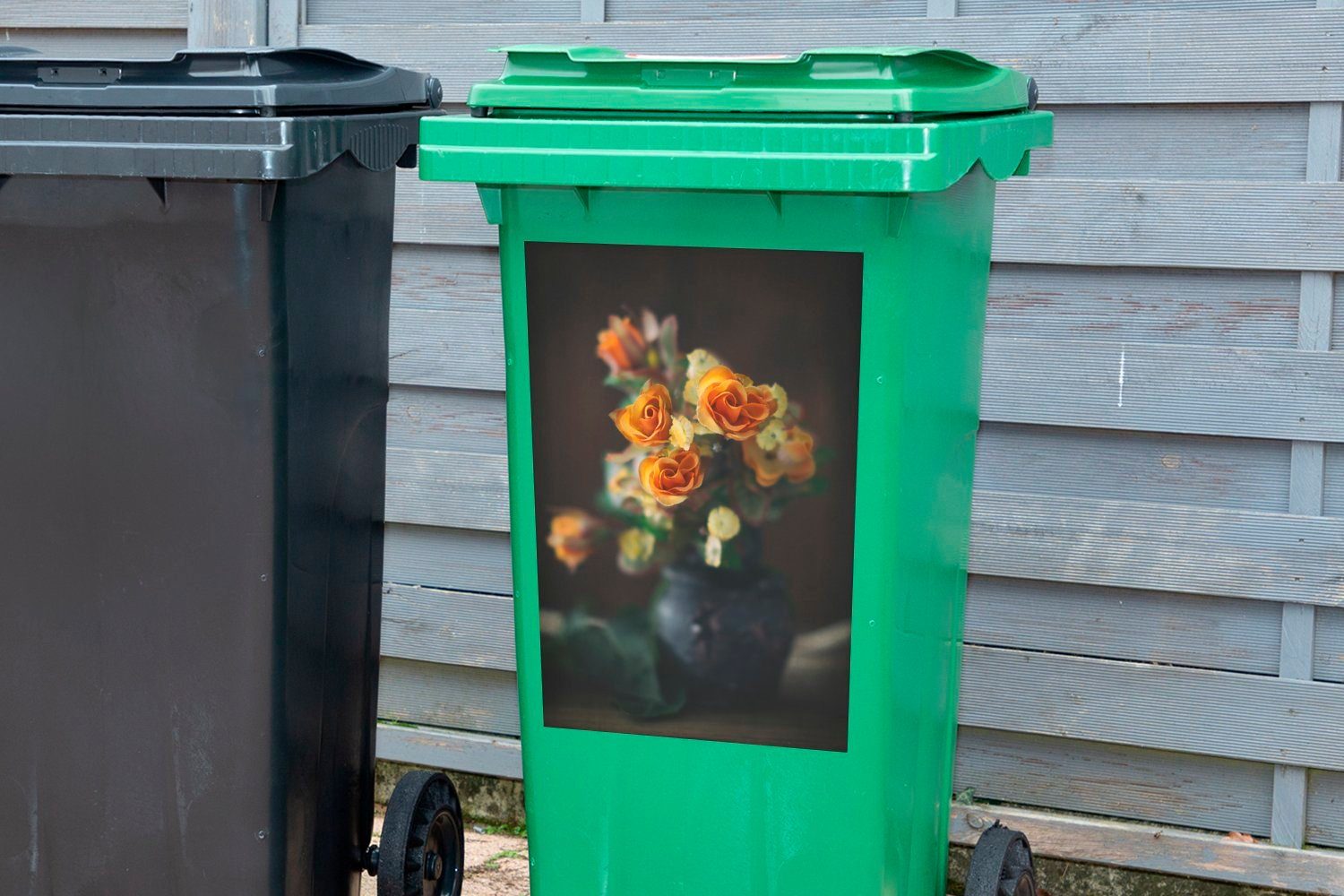 MuchoWow Container, Orange (1 Mülltonne, Wandsticker - Sticker, St), Blumen Abfalbehälter - Mülleimer-aufkleber, Rosen