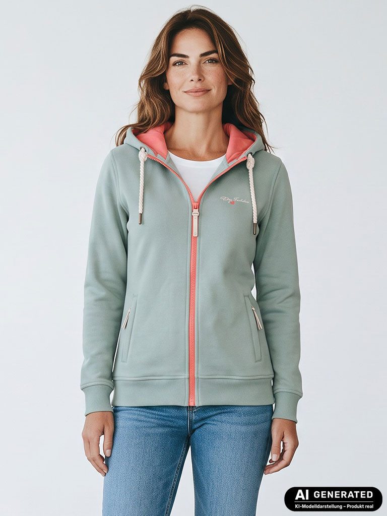 Dry Fashion Kapuzensweatjacke Damen Sweatjacke Kolding mit Moin-Backprint - Wärmende Kapuzenjacke Kapuze mit Kordelband, Kinnschutz, Taschen mit Reißverschluss