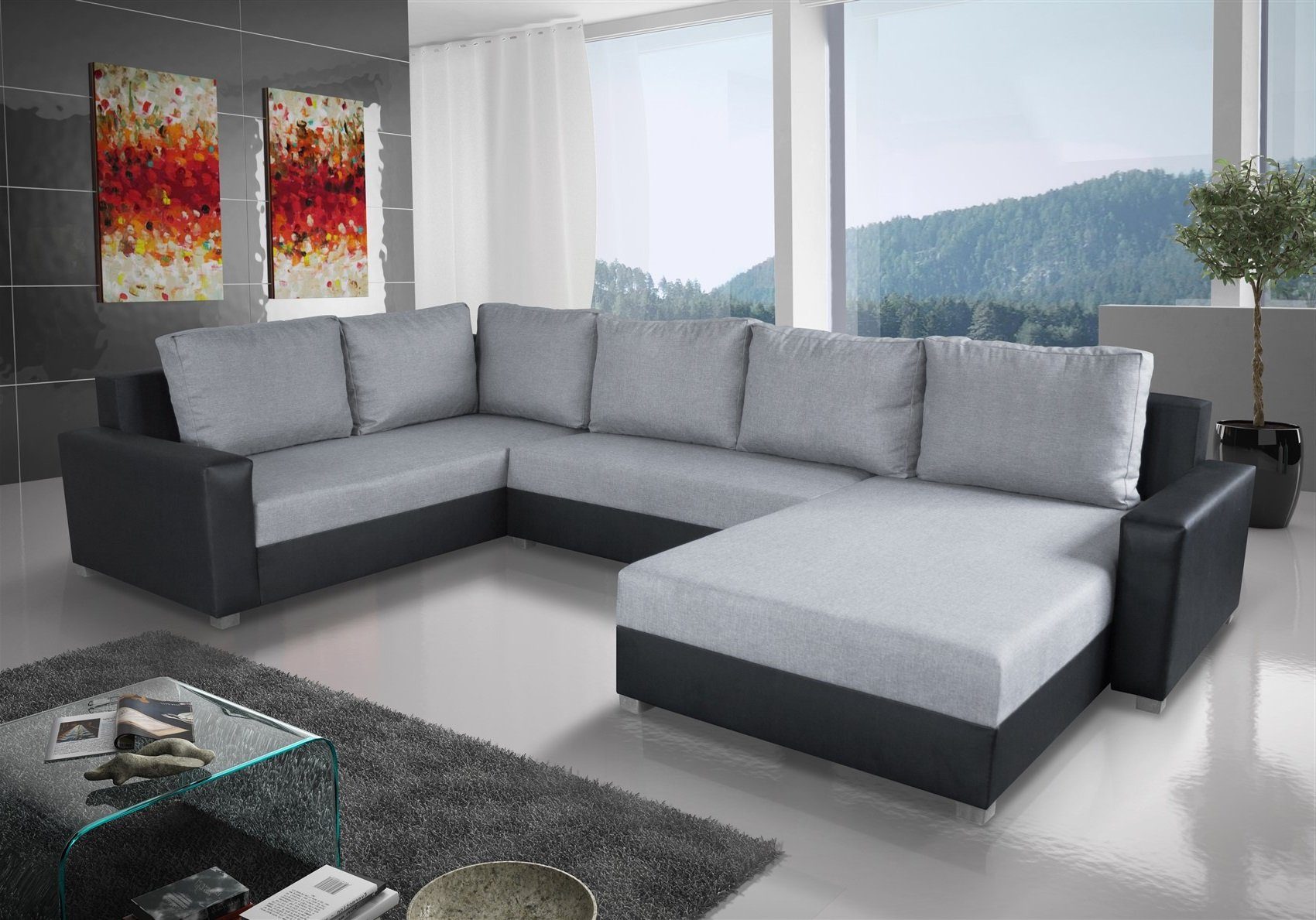 Fun Möbel Wohnlandschaft Couchgarnitur GRADO mit Schlaffunktion Ottomane Links oder Rechts, inkl. 6 Rückenkissen mit Reißverschluss, Inkl. Bettkasten