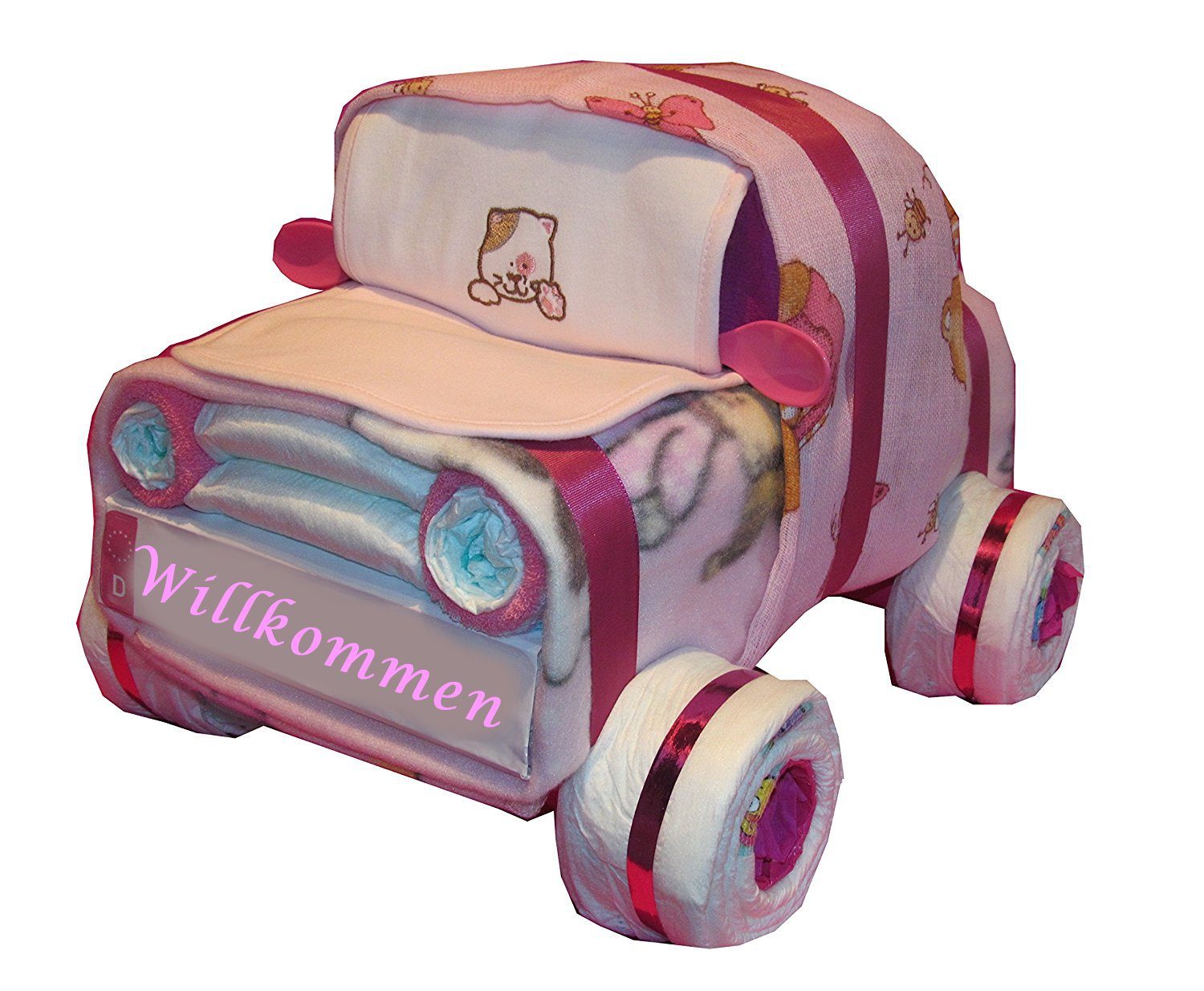 Geschenketorten-Gebhardt Windeln Windeltorte Windelauto Windelfahrzeug mit Willkommen Kennzeichen, Windelgeschenk
