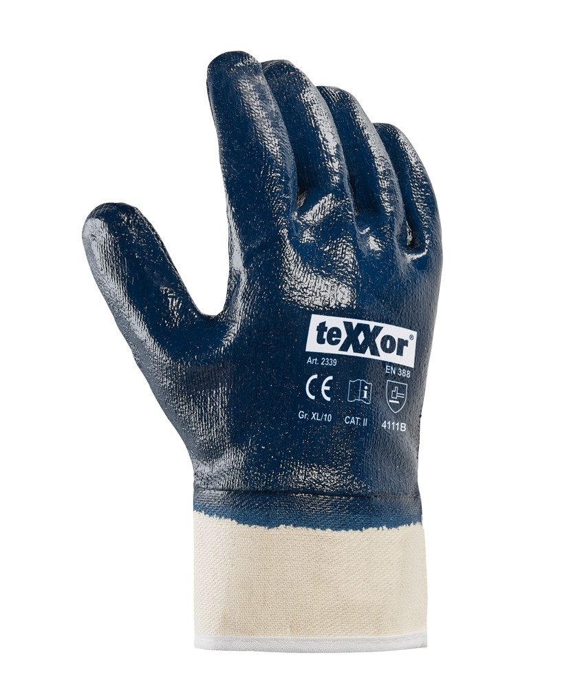 teXXor Nitril-Handschuhe Bau Nitrilhandschuh vollbeschichtet blau Stulpe 2339 (Packung, 12-St., VPE= 12-144 Paar, Gr 7-11) ölbeständig/Strickhandschuh