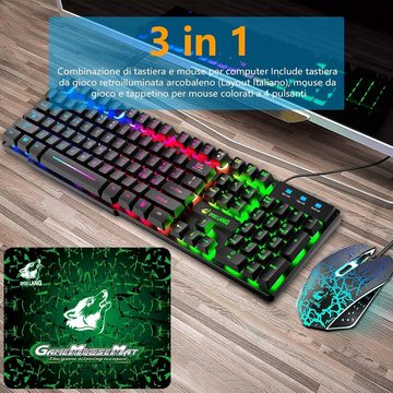 ZIYOU LANG Gaming Italienisches Layout Regenbogen LED Hintergrundbeleuchtung Tastatur- und Maus-Set, Ergonomische Keyboard 6 Tasten 2400 DPI Maus und Mauspad USB Verkabelt