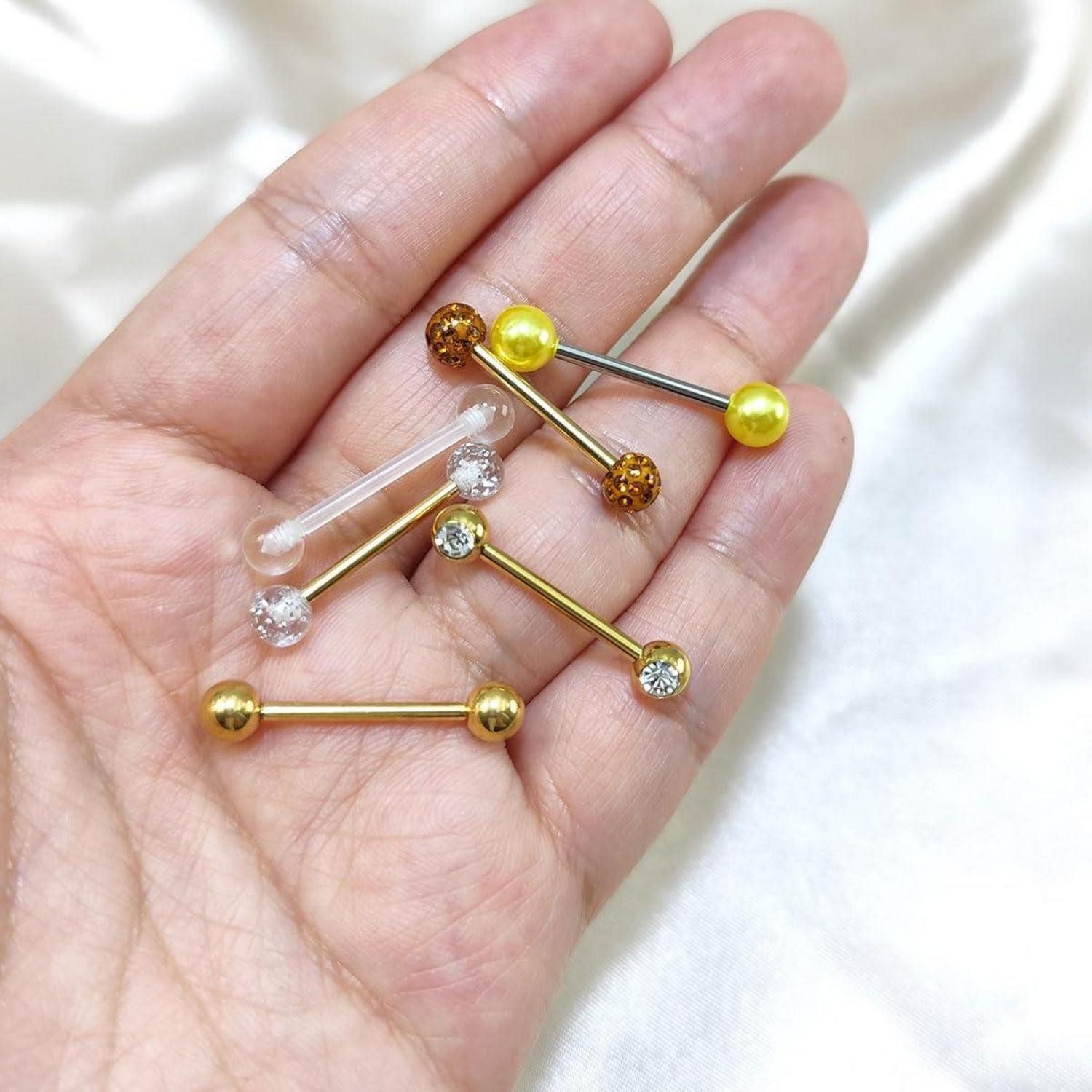 LuxusKollektion Piercing-Set Zungenpiercing Chirurgenstahl 14G 16mm 6er Silber Schwarz Gold – Bild 4 von 5