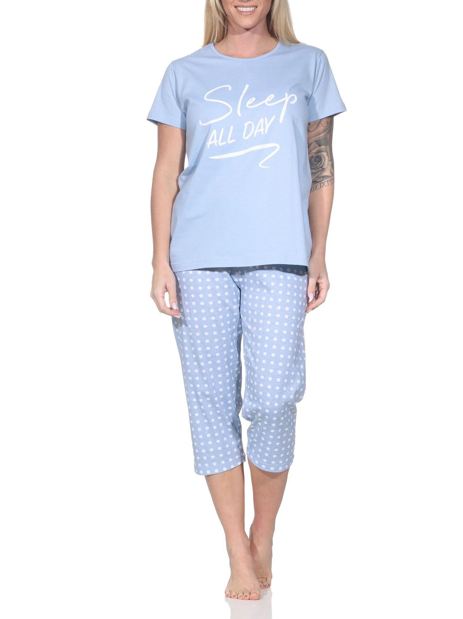 Normann Pyjama Normann Damen Schlafanzug kurzarm mit Capri-Pyjamahose in Punkte Optik
