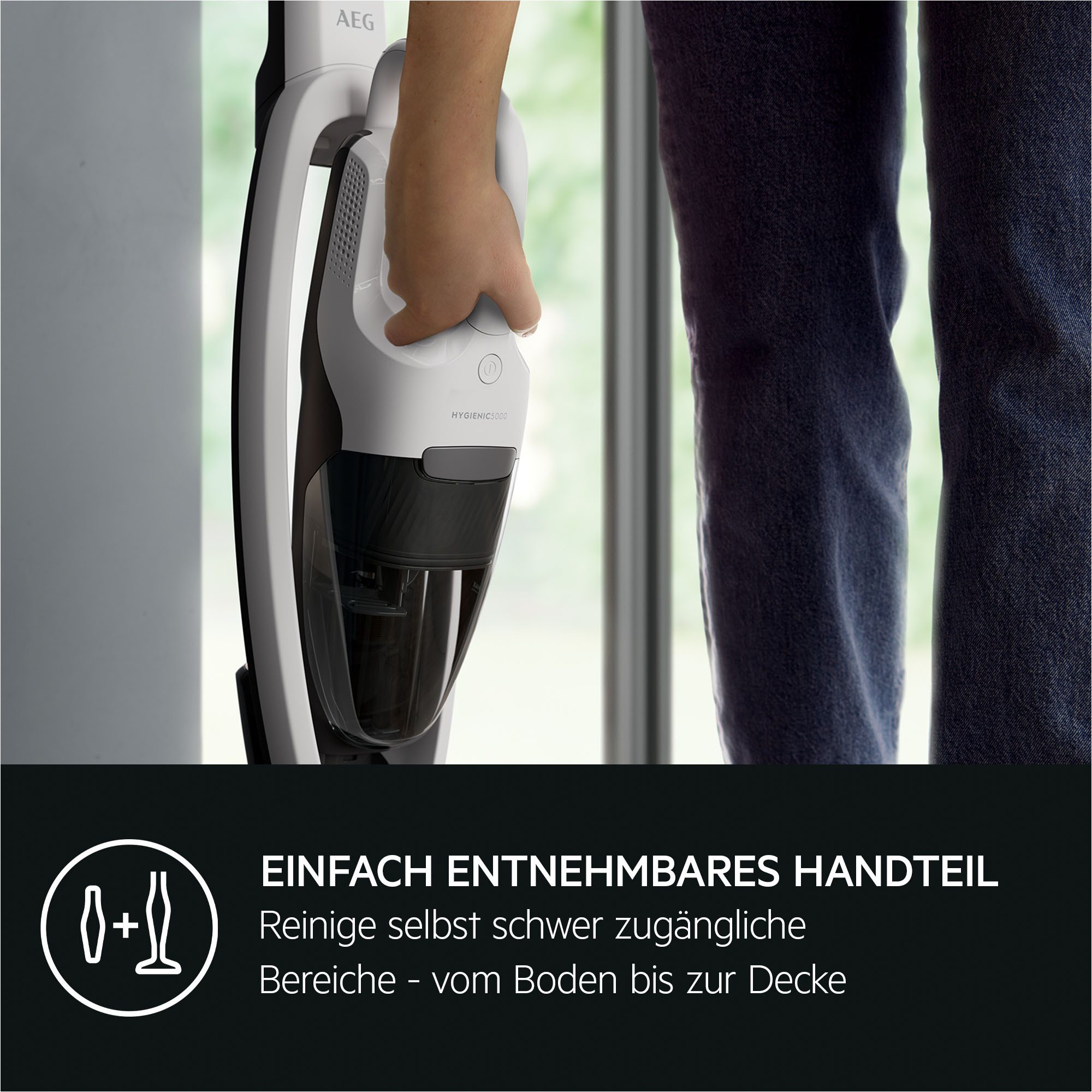AEG Akku-Hand-und Stielstaubsauger HYGIENIC 5000 AKKU-STAUBSAUGER (AS52H212XN), 0 W, beutellos, 2in1, leise 79 dB(A), 58 % Recyclingmaterial, bis zu 50 Min. Laufzeit
