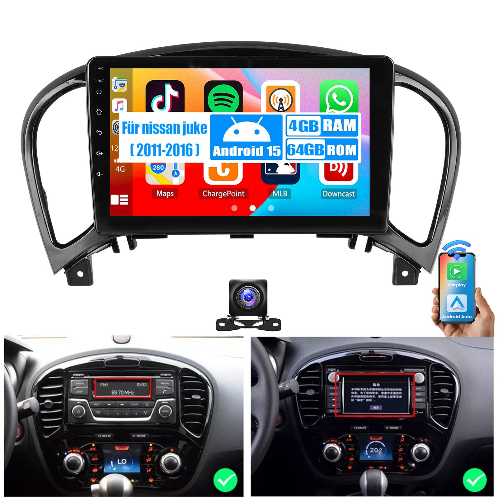 ESSGOO DAB+ Carplay Android 15 Autoradio Für NissanJuke 2011-2016 GPS FM Autoradio (RDS, 4+64GB(optional), Digitalradio (DAB), FM, SWC, Carplay Android Auto Bluetooth EQ USB GPS Navi WIFI Touchscreen)