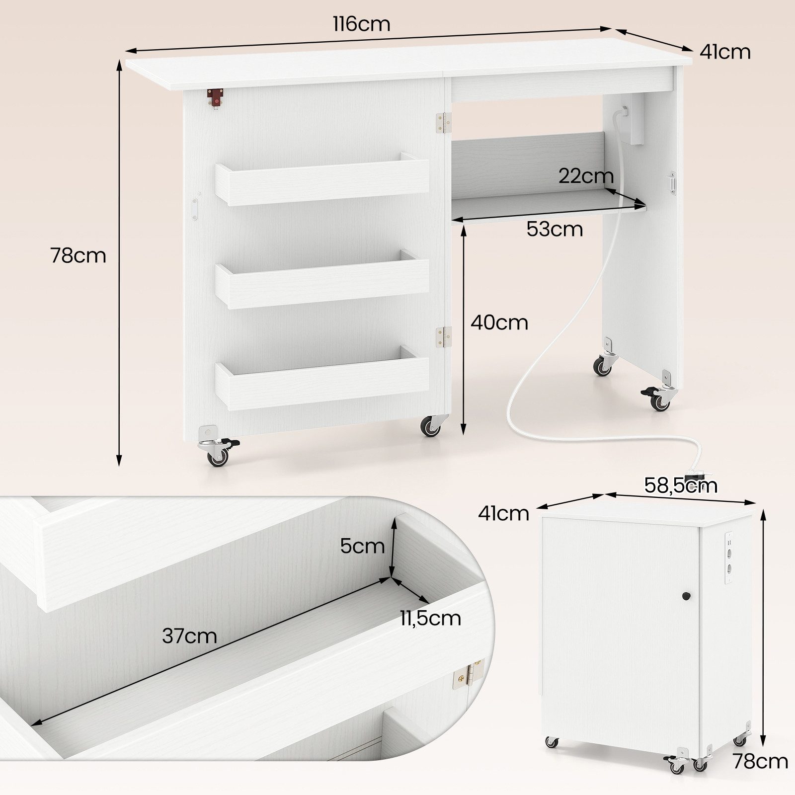 COSTWAY Schreibtisch 2 in 1 Nähtisch klappbar mit Ladestation, Rollen, Nähmaschinenschrank – Bild 5 von 5