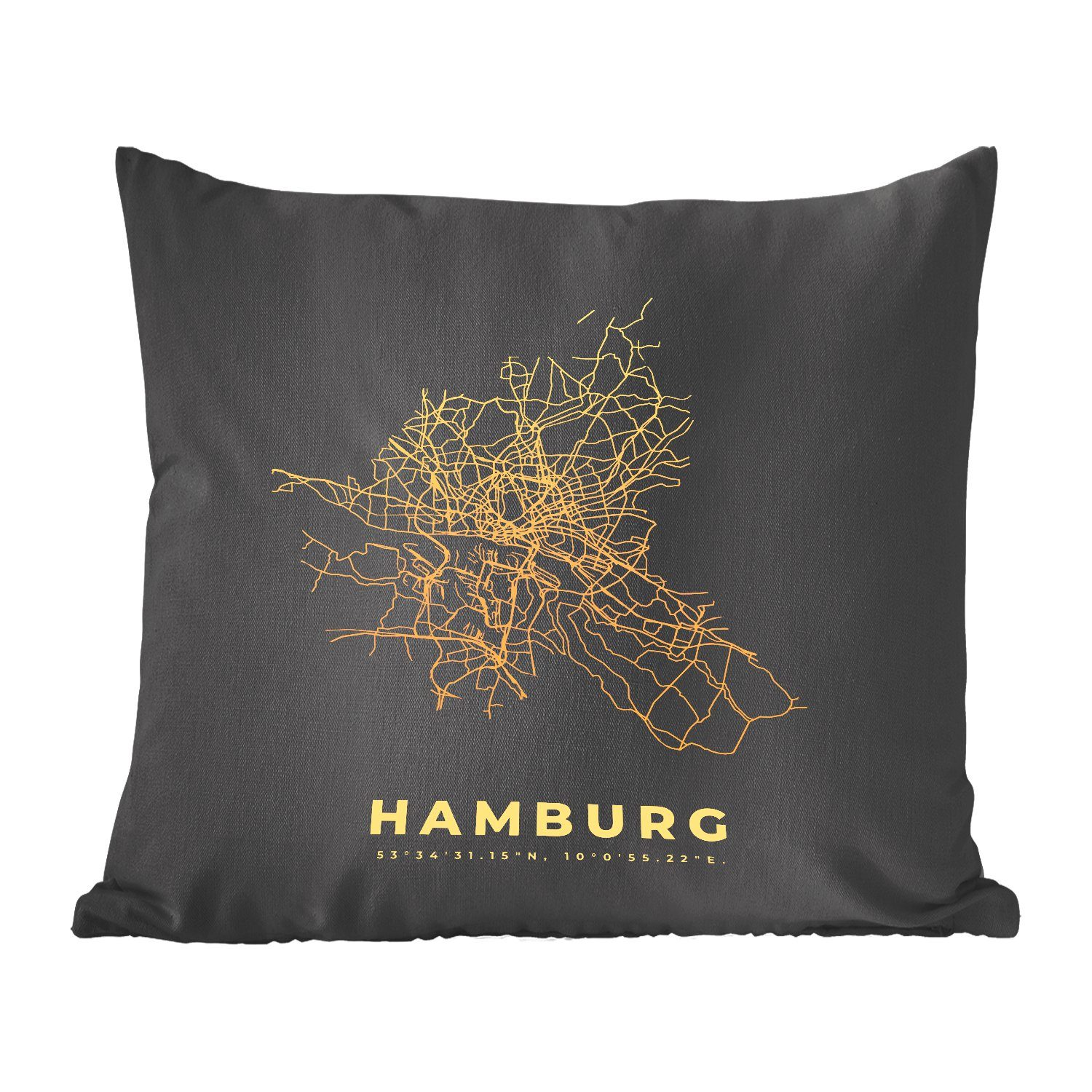 MuchoWow Dekokissen Hamburg - Karte - Gold - Stadtplan, Zierkissen mit Füllung für Wohzimmer, Schlafzimmer, Deko, Sofakissen
