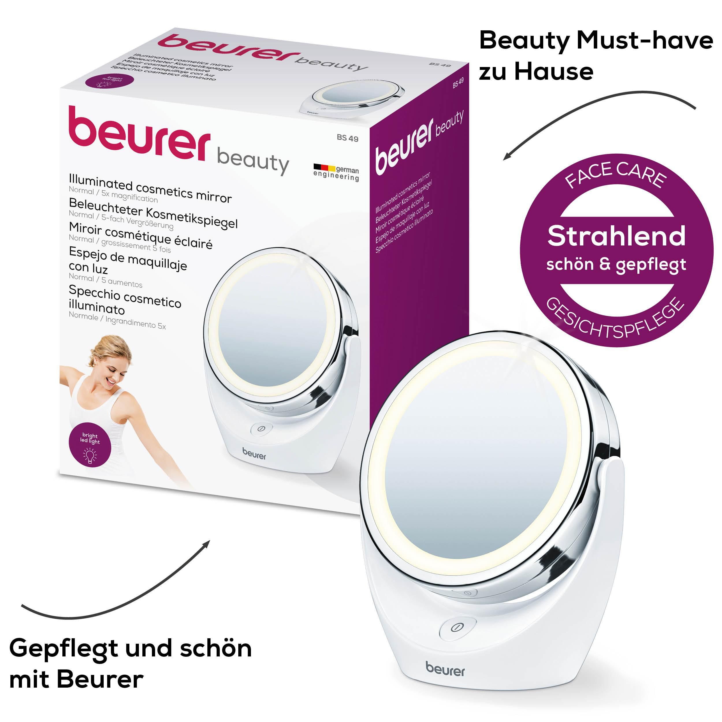 BEURER Kosmetikspiegel BS 49 beleuchteter Kosmetikspiegel mit LED-Licht, Mit 5-fach Vergrößerung für die Hautpflege und Beauty-Routine