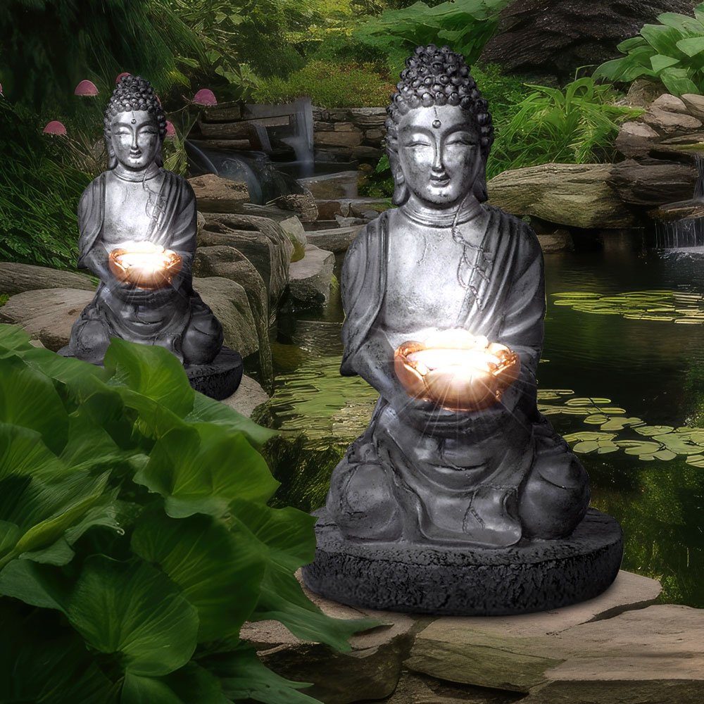 LED Solarleuchte Buddha Figur mit crackle Glaskugel Garten Terrassen  Dekoration, farbwechsel, 1x LED warmweiß, H 19,5 cm