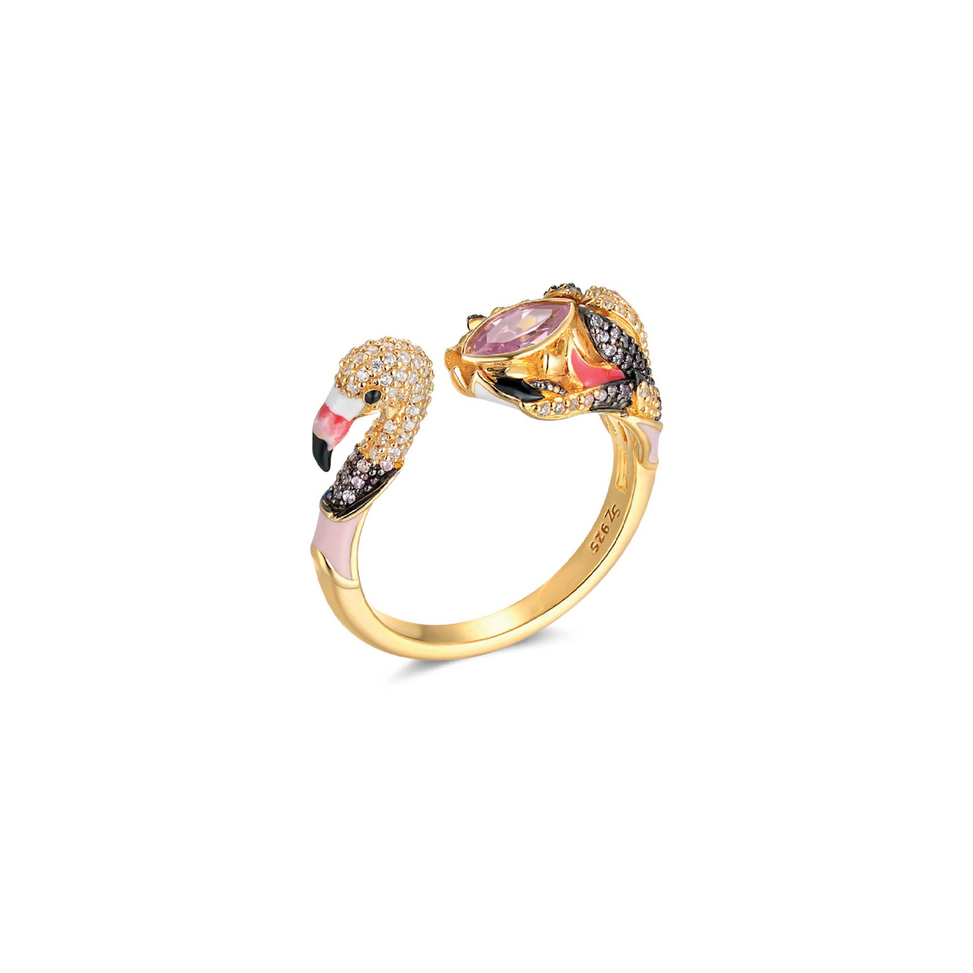 Seinerzeit FLORA & FAUNA Silberring Fiola Flamingo Ring (1-tlg), Material: 925 Sterling Silber, vergoldet, geschwärzt mit Emaille