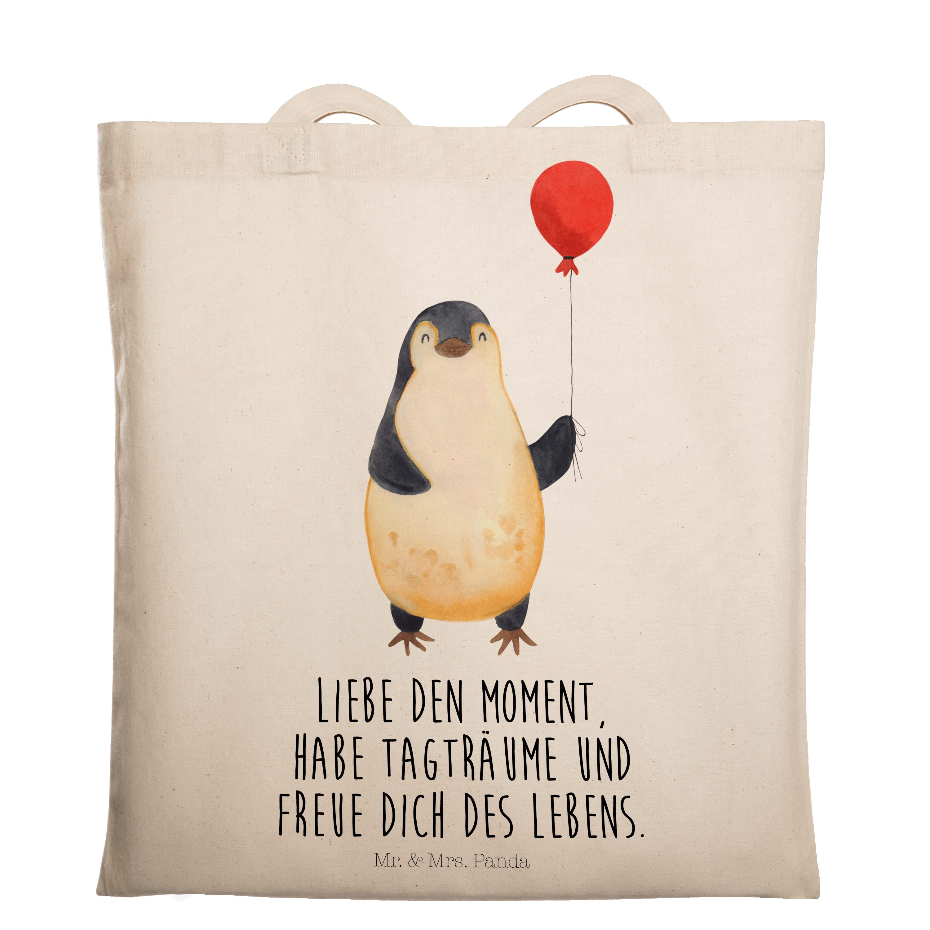 Mr. & Mrs. Panda Tragetasche Pinguin Luftballon - Transparent - Geschenk, Motivation, Jutebeutel, (1-tlg)
