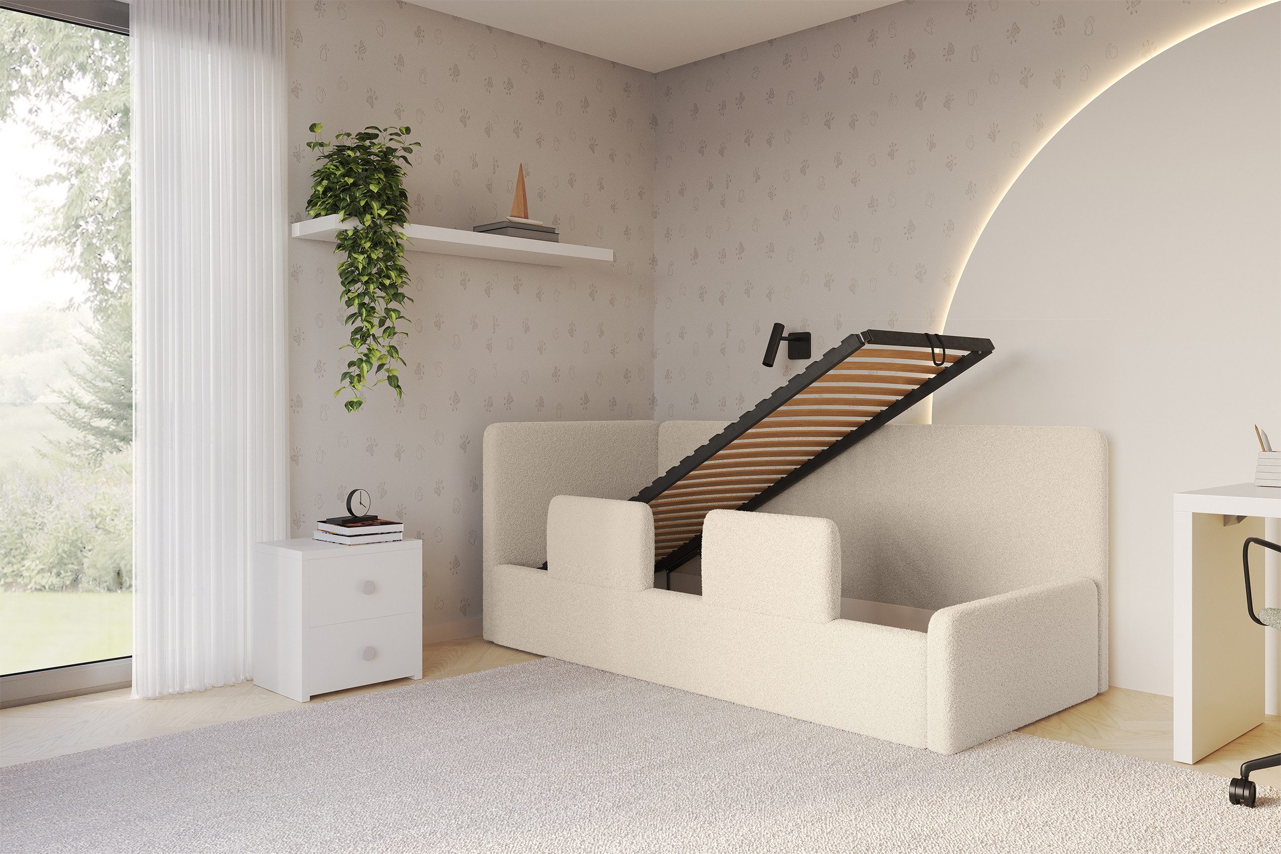 ALTDECOR Jugendbett NORY (Jugendbett mit Bettkasten und Lattenrost, Polsterbett ohne Matratze), Einzelbett mit Stauraum, Bett mit Kopfteil