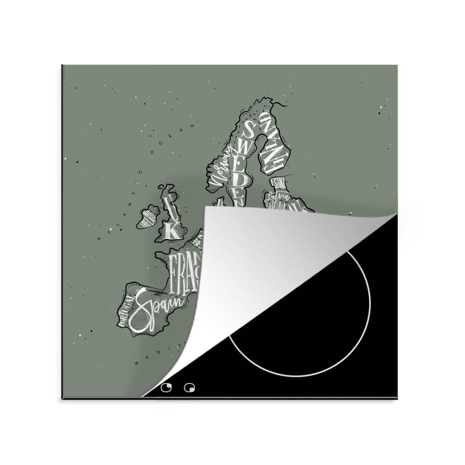 MuchoWow Herdblende-/Abdeckplatte Karte - Europa - Grau - Buchstaben, Vinyl, (1 tlg), 78x78 cm, Ceranfeldabdeckung, Arbeitsplatte für küche