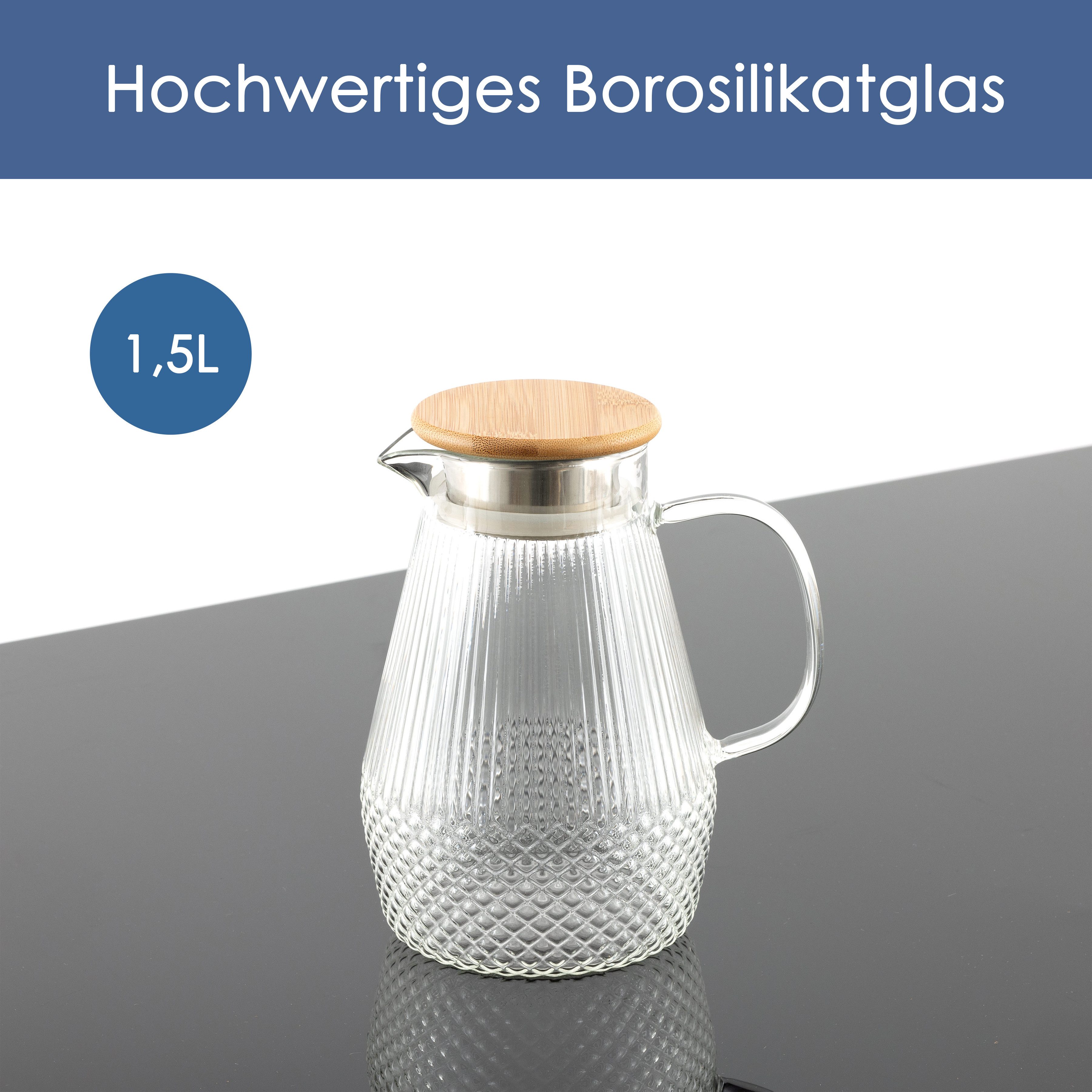 Hanseküche Wasserkaraffe Glaskaraffe, (Glas-Wasserkaraffe mit Deckel, 1-tlg., Tropffreie Ausgießer - Robuste Teekanne), mit 50% erhöhter Glasdicke für Heiß- & Kaltgetränke