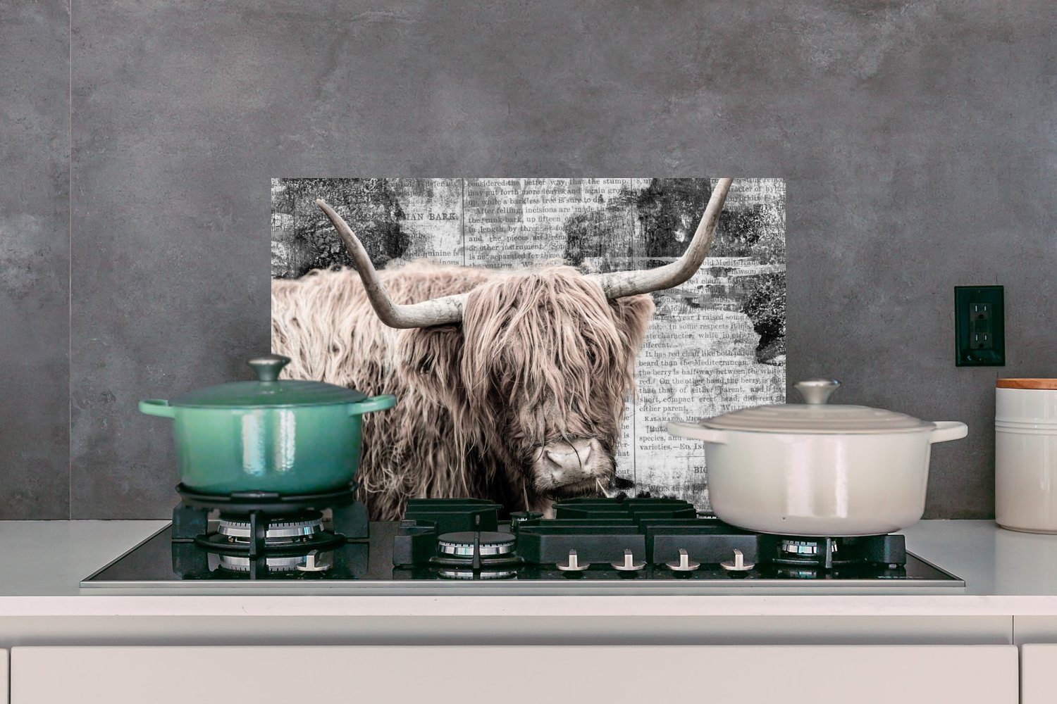 MuchoWow Küchenrückwand Schottischer Highlander - 60x40 Retro, cm, Wandschutz, Temperaturbeständig - aus (1-tlg), küchen Herdblende Kuh