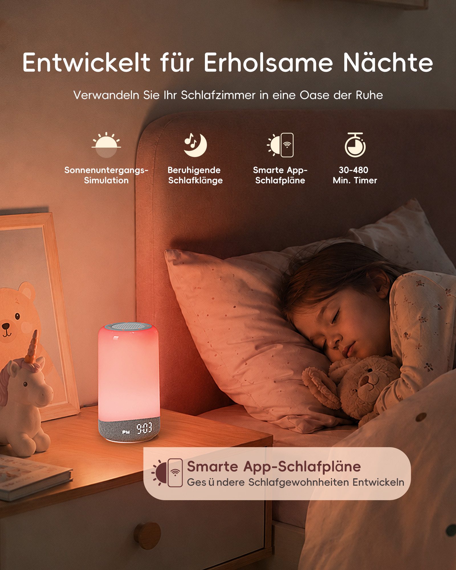 eCozy Tageslichtwecker 3-in-1 Lichtwecker mit 26 Klängen, 17 Lichteffekten und App-Steuerung Sonnenaufgangssimulation, Weißes Rauschen, Nachtlicht, 2.4 GHz WLAN – Bild 3 von 5
