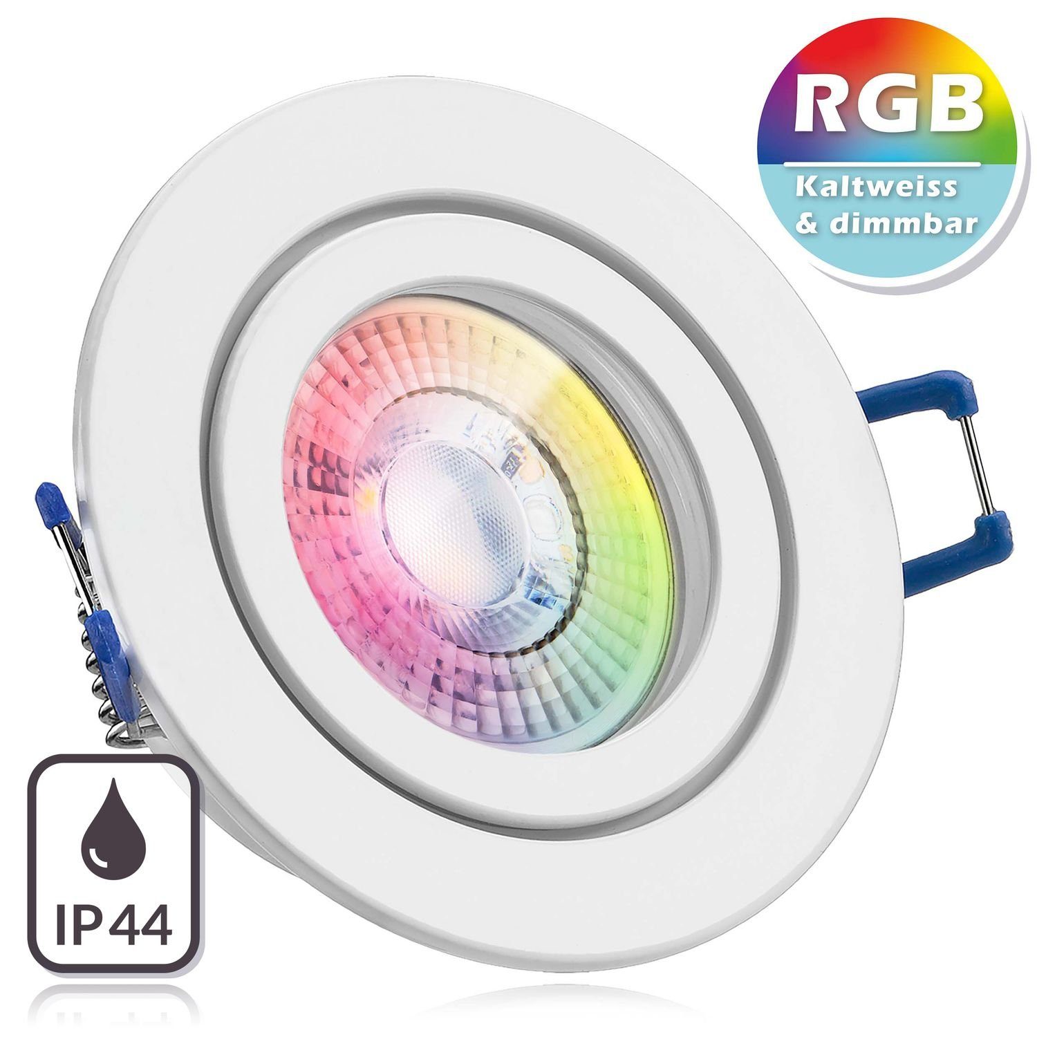 LEDANDO LED Einbaustrahler »IP44 RGB LED Einbaustrahler Set extra flach in  weiß mit 3W LED von LEDANDO - 11 Farben + Kaltweiß - inkl. Fernbedienung -  dimmbar - rund - Badezimmer«
