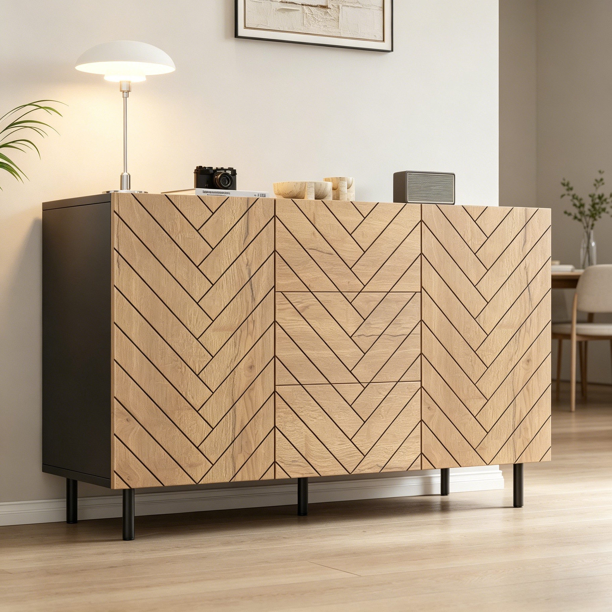 Merax Sideboard im Holzoptik und Schwarz, Aufbewahrungsschrank (1 St), Kommode mit 3 Schubladen, 2 Türen & Stauraum, 120×40×76cm