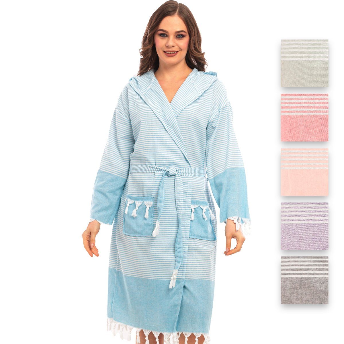 herémood Bademantel herémood Bademantel Damen & Herren Unisex – Weich & Leicht, Langform, 100% Baumwolle, mit Kapuze, & Gürtel, Hamamtuch-Stil mit Taschen – Ideal für Sauna, Spa, Hotel & Zuhause