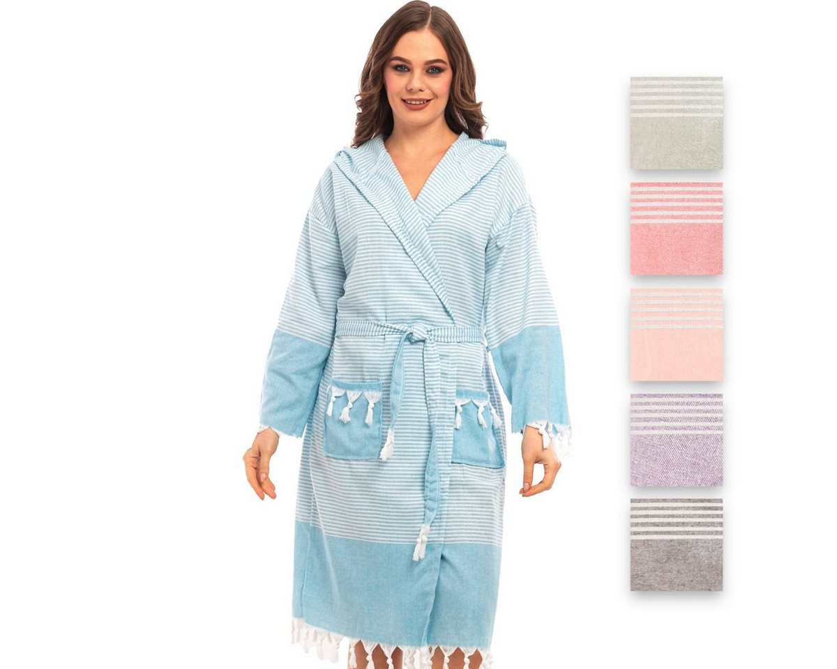 herémood Bademantel herémood Bademantel Damen & Herren Unisex – Weich & Leicht, Langform, 100% Baumwolle, mit Kapuze, & Gürtel, Hamamtuch-Stil mit Taschen – Ideal für Sauna, Spa, Hotel & Zuhause