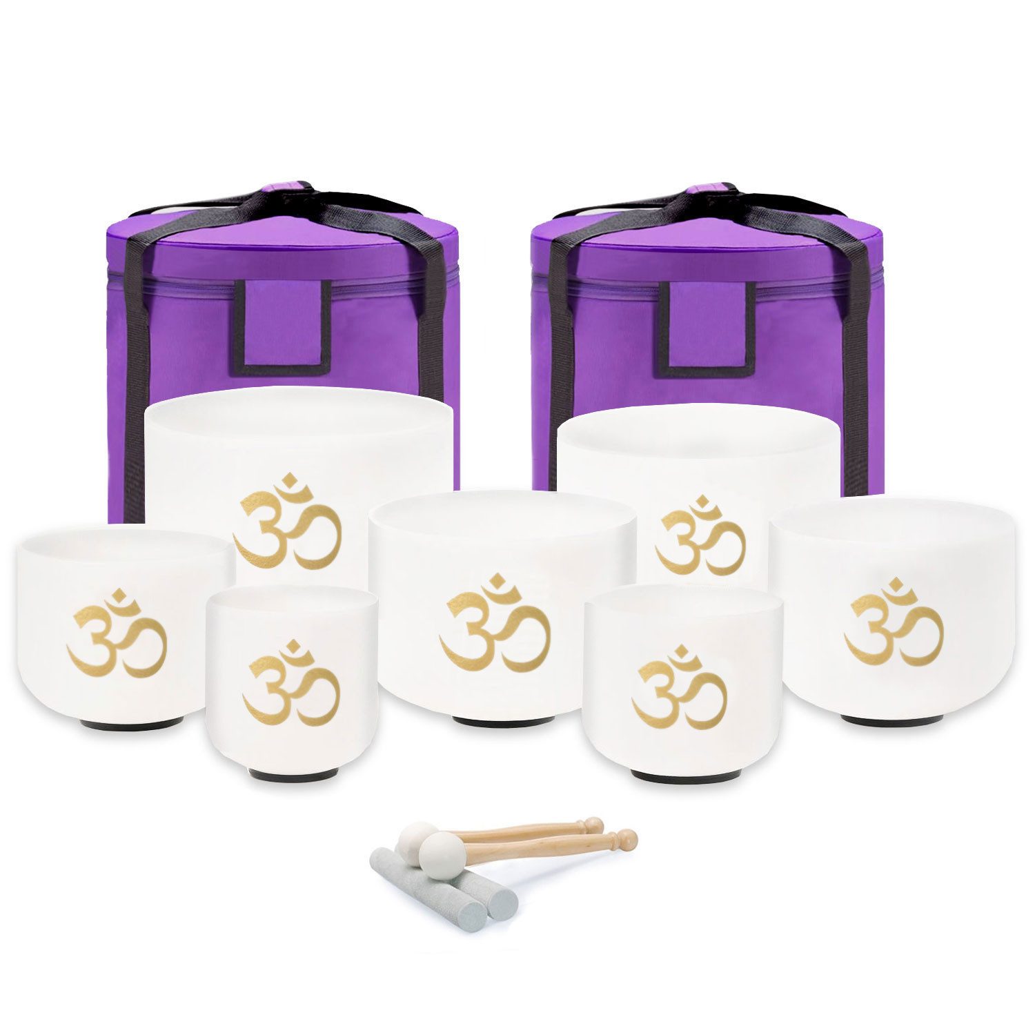 keepdrum Klangschalen keepdrum Klangschalen-Set OM Set Weiss 6-12 Zoll mit Zubehör,Klangschalen, 7-teiliges Quarz-Klangschalen Set