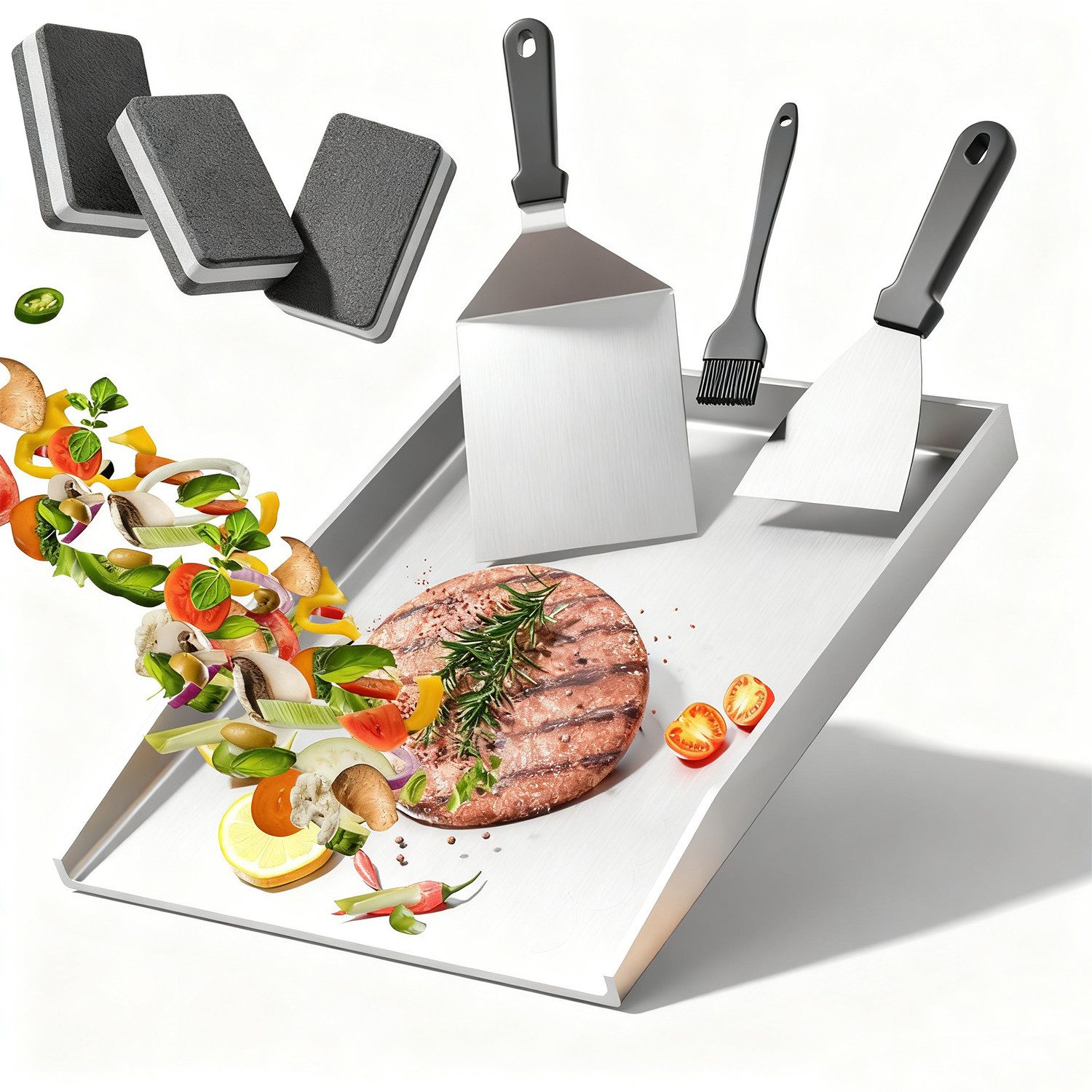 devesanter Grillplatte Edelstahl Grillplatte Set Universal BBQ Plancher Gasgrill Grill (1-St., mit Grillwerkzeugen und Reinigungsschwämme), für gleichmäßige Hitzeverteilung Grillschale Inbegriffen Grillspachtel