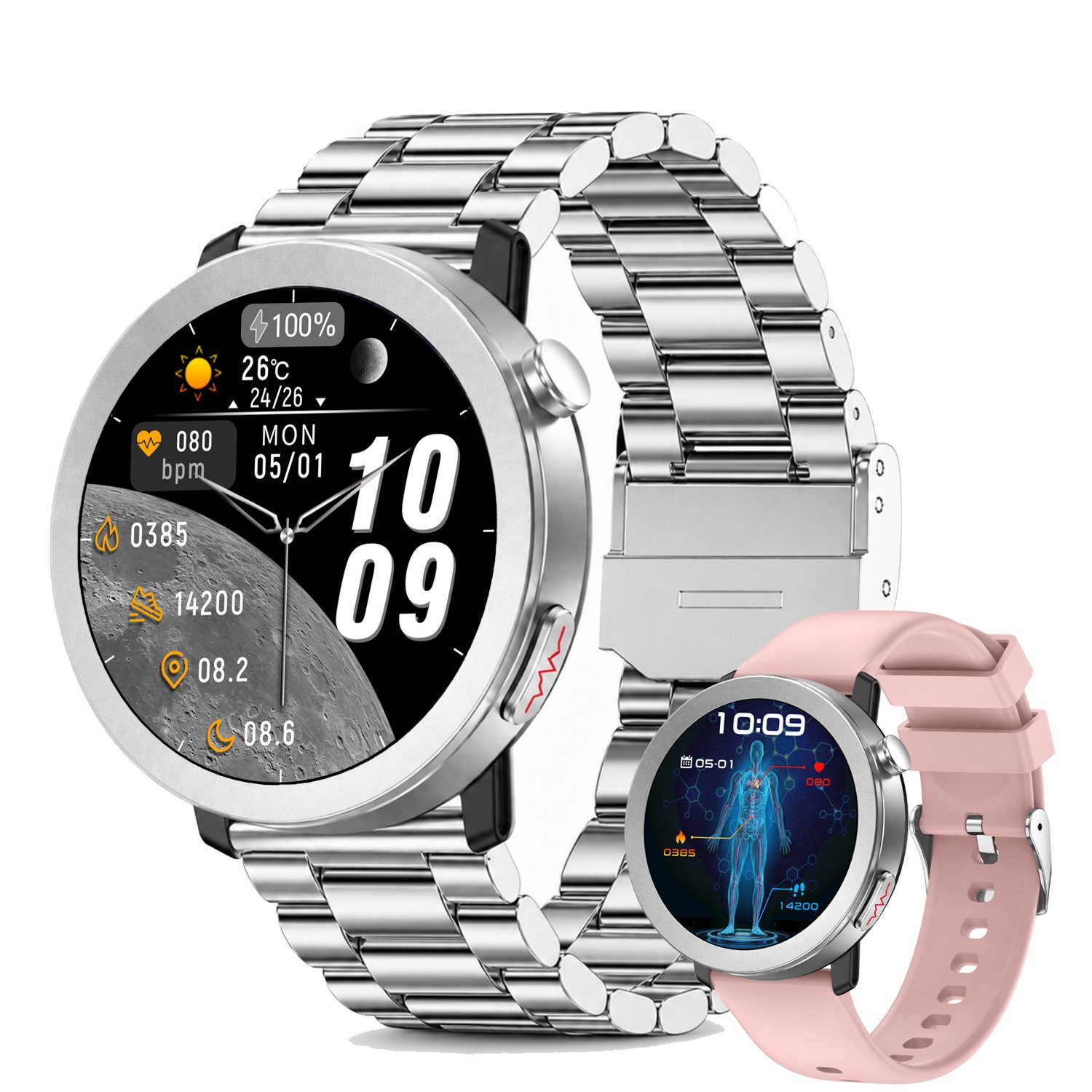 ANYSUN Smartwatch Herren Damen,Fitness Tracker Uhr mit Telefonfunktion Smartwatch (4,1 cm/1,46 Zoll) Gesundheitsuhr mit EKG+HRV/Blutdruckmessung/BMI, mit SOS-Notruf, IP68 100+ Sportmodi,24/7 Herzfrequenz/Schlafmonitor/SpO2, Android/iOS