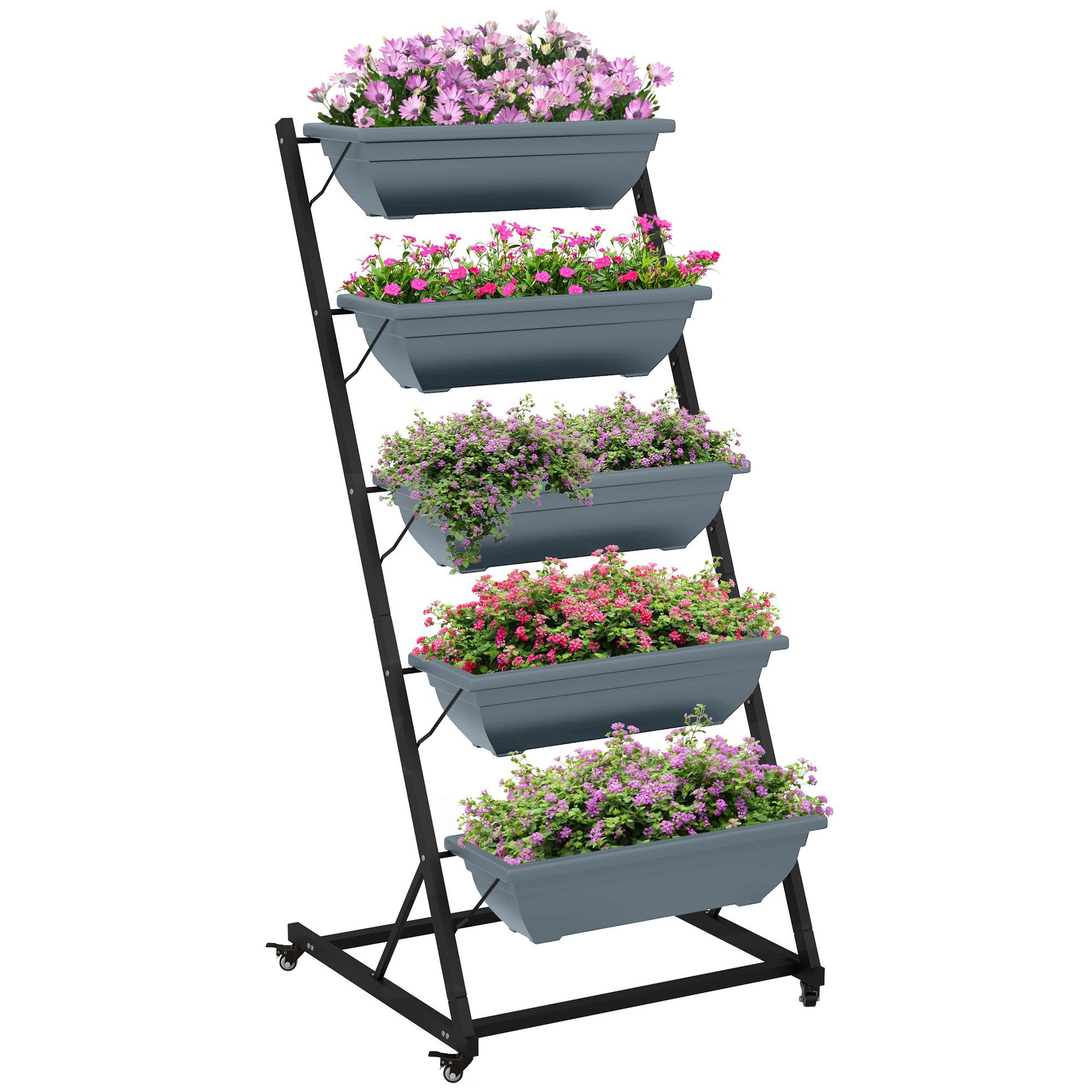 Outsunny Pflanzentreppe Blumenständer mit 5 Etagen Pflanzenständer mit Rollen, Löchern (Pflanzenregal, 1 St., Blumenständer), für Garten, Stahl, Grau, 65 x 67 x 145 cm