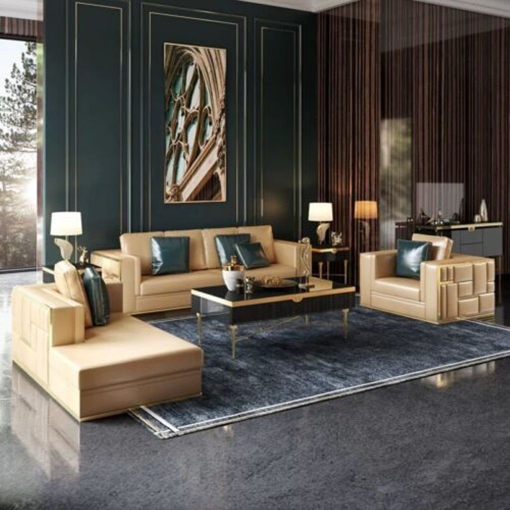 JVmoebel Wohnzimmer-Set, Metall Elemente Polster 4+2+1 Sitz Couch Designer Garnitur Sofa Leder Gold