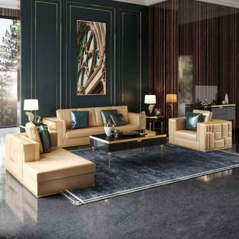 JVmoebel Wohnzimmer-Set, Metall Elemente Designer Couch Sofa Polster Sitz Garnitur Leder 4+2+1