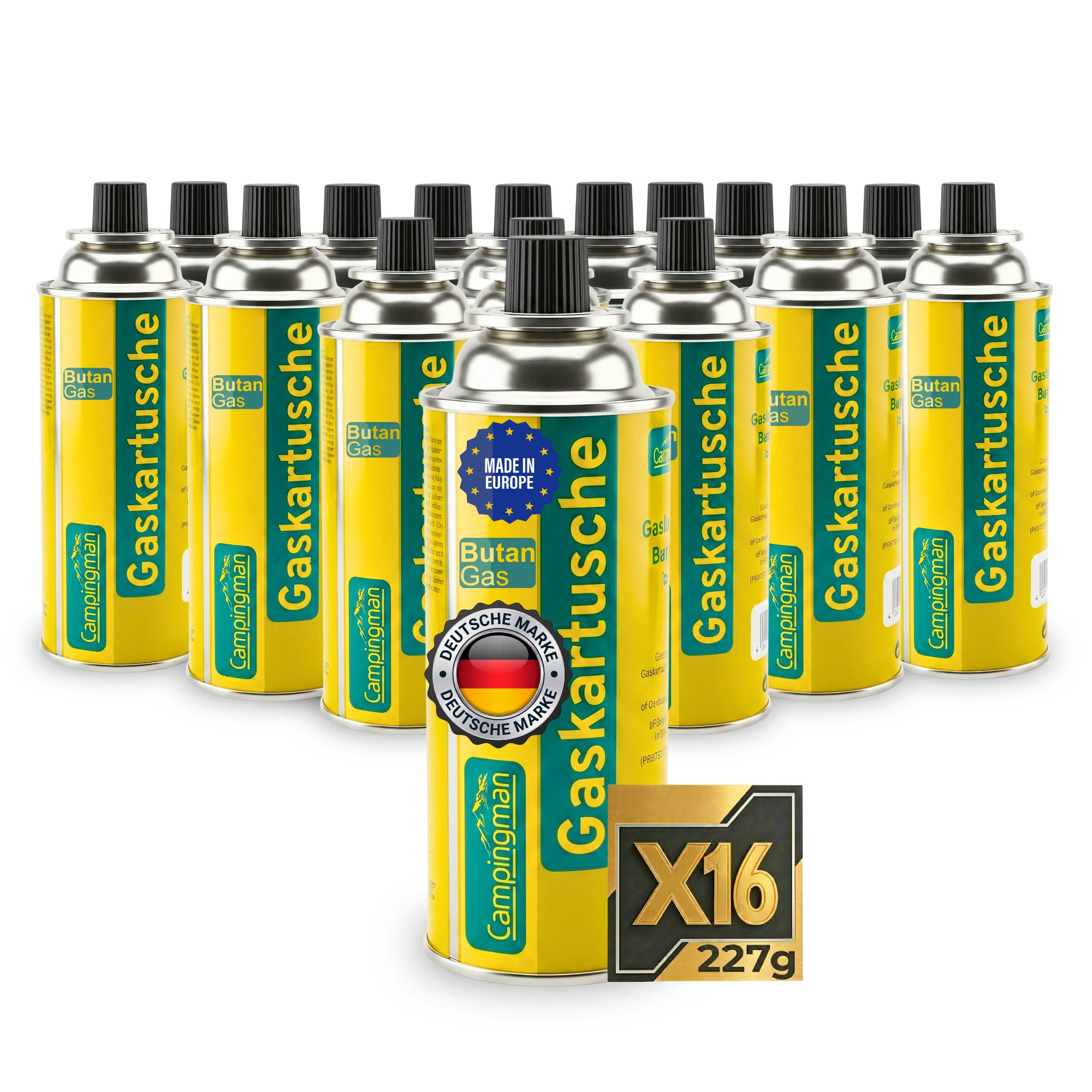 Campingman Gaskartusche Gaskartuschen 227g MSF-1A im –Unkrautbrenner & Gasgeräte, 16 St., Butangas Kartusche mit Ventil für Campingkocher