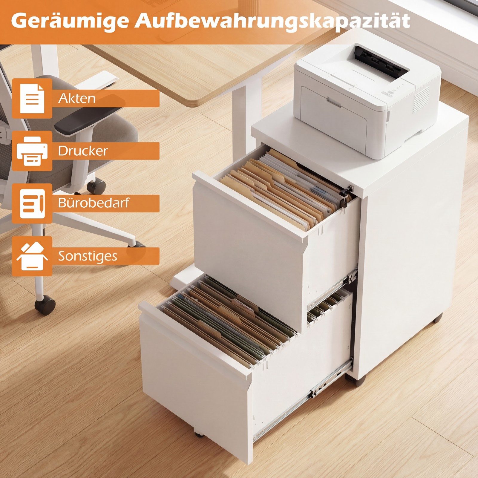 COSTWAY Rollcontainer, Aktenschrank abschließbar Stahl mit 2 Schubladen 44x37x67cm