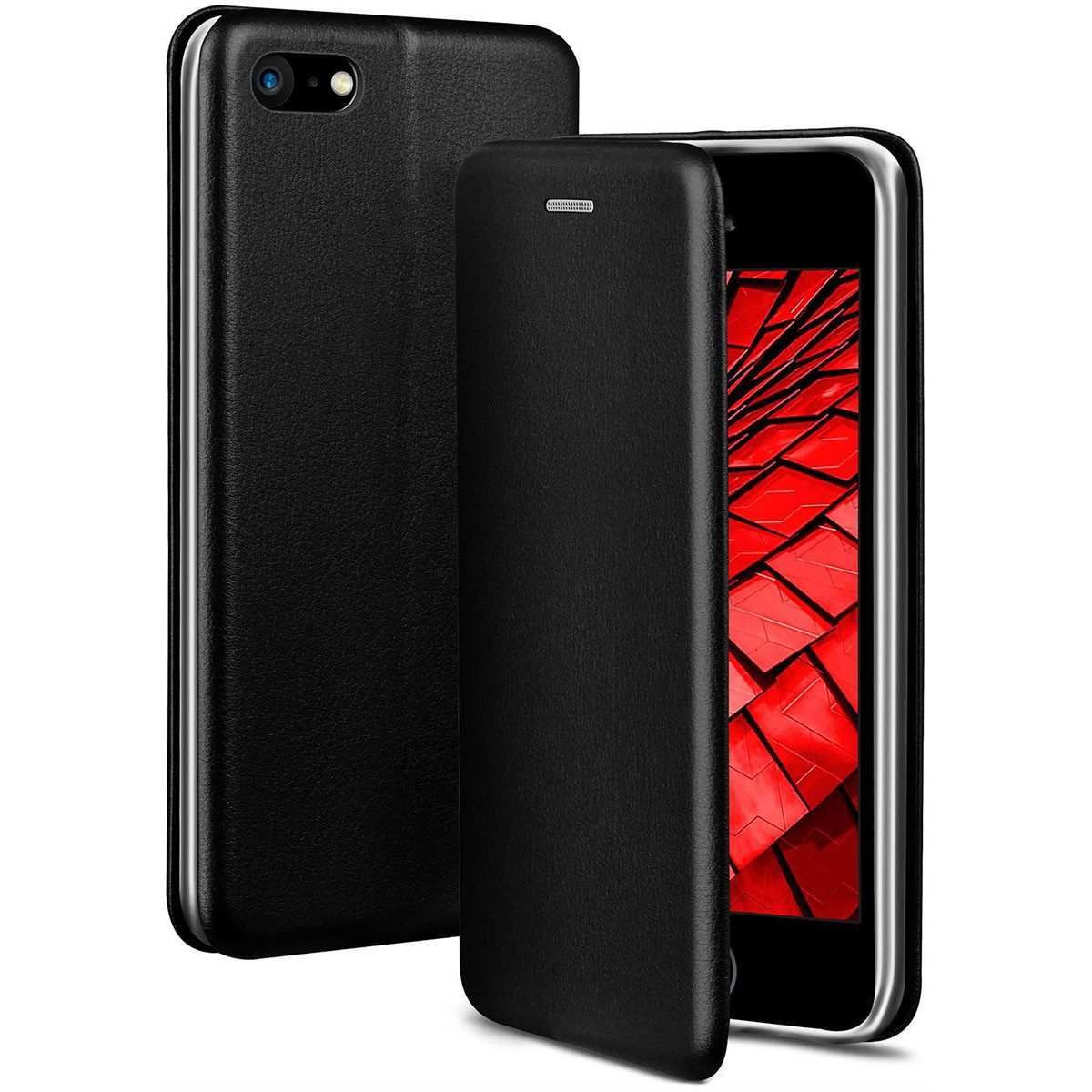 ONEFLOW Handyhülle für iPhone SE (2016) Premium Hülle Business Cover Schwarz 4 Zoll, 360 Grad Schutzhülle Flip Case Etui Klapphülle Dünn Leder Handy Tasche
