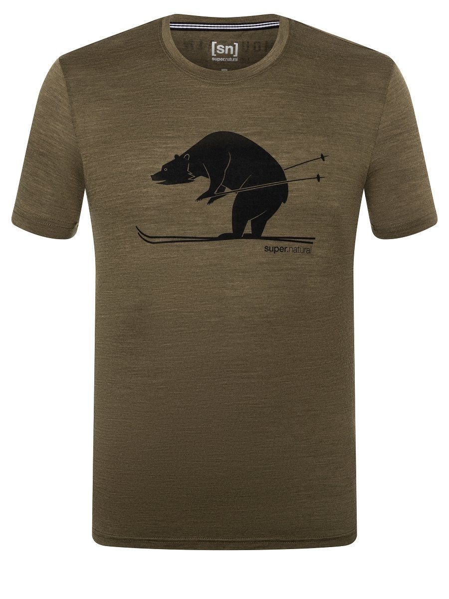 SUPER.NATURAL Print-Shirt Merino T-Shirt M Merino-Materialmix Black BEAR geruchshemmender SKIING Olive Night Melange/Jet TEE