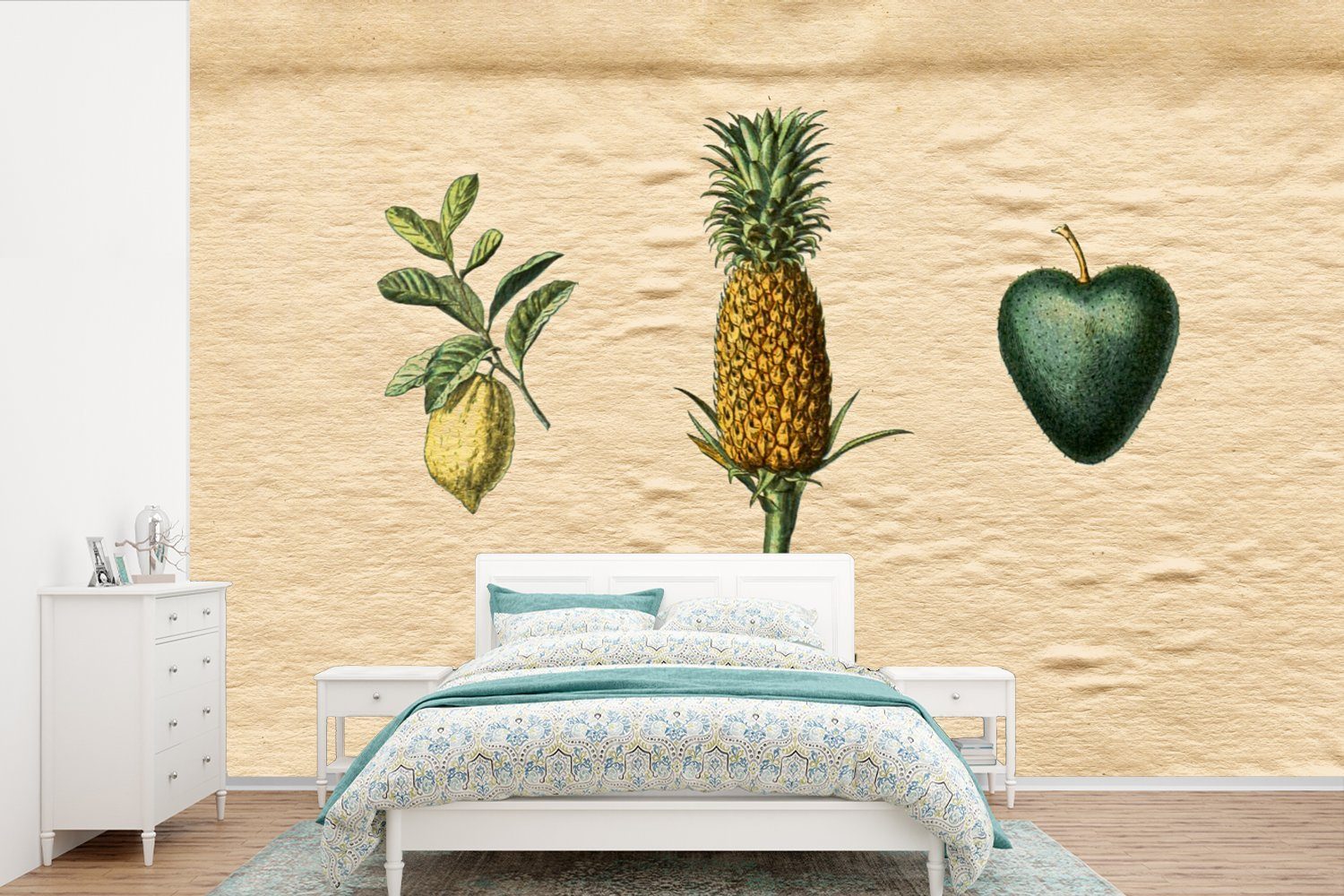 MuchoWow Fototapete Obst - Lebensmittel - Ananas, Matt, bedruckt, (6 St), Wallpaper für Wohnzimmer, Schlafzimmer, Kinderzimmer, Vinyl Tapete