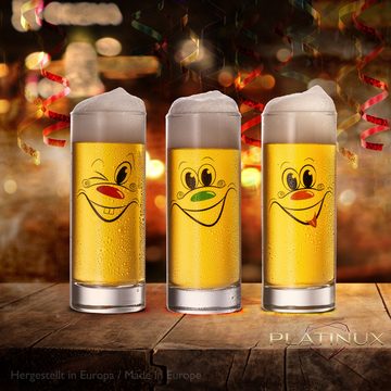 PLATINUX Bierglas Hohe Biergläser mit drei lustigen Gesichtern 300ml, Glas, (max 335ml) Set 3 Teilig Kölschglas Bierstangen Karneval