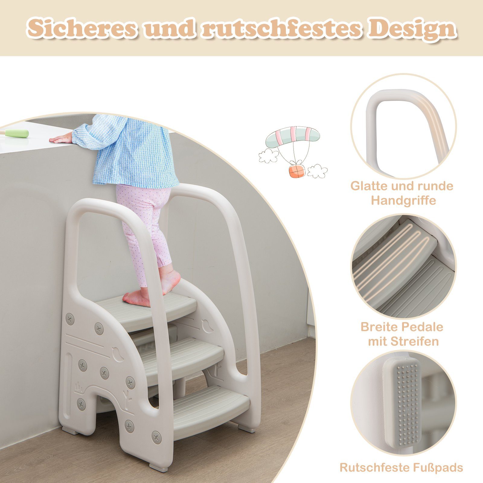 Trittschemel, Tritthocker COSTWAY bis Kinder mit 50kg Griffe, stufig 3 grau