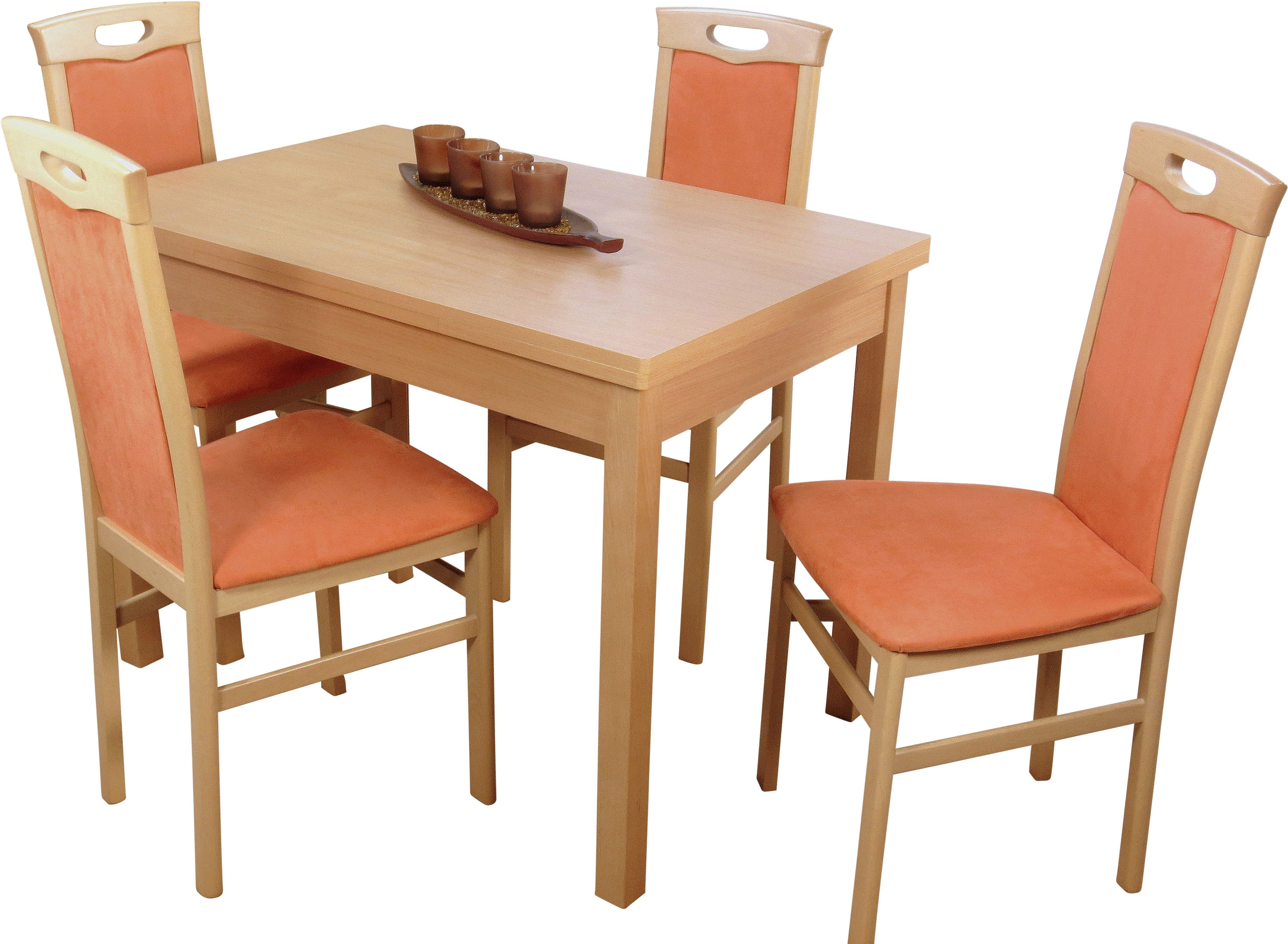 HOFMANN LIVING AND MORE Essgruppe Carla, (Spar-Set, 5-tlg., 1 Tisch, 4 Stühle), Stuhlgestell und Tischbeine aus Massivholz, Tisch mit 2 Ansteckplatten