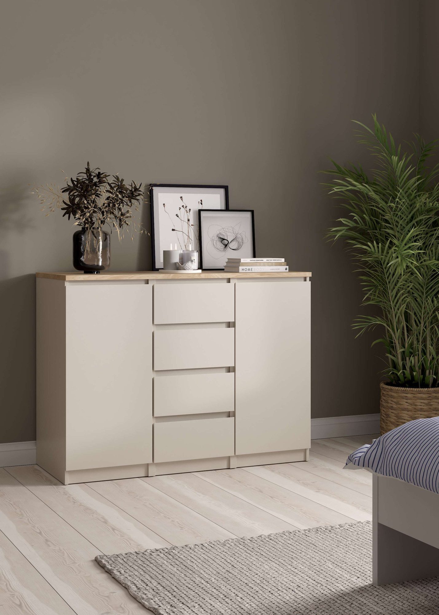 Home affaire Kommode Naia, Sideboard, 4 Schubladen, 2 Türen, Aufbewahrung, grifflose Front, Mit Einlegeböden, modern, skandinavisches Design, in mehrere Farben