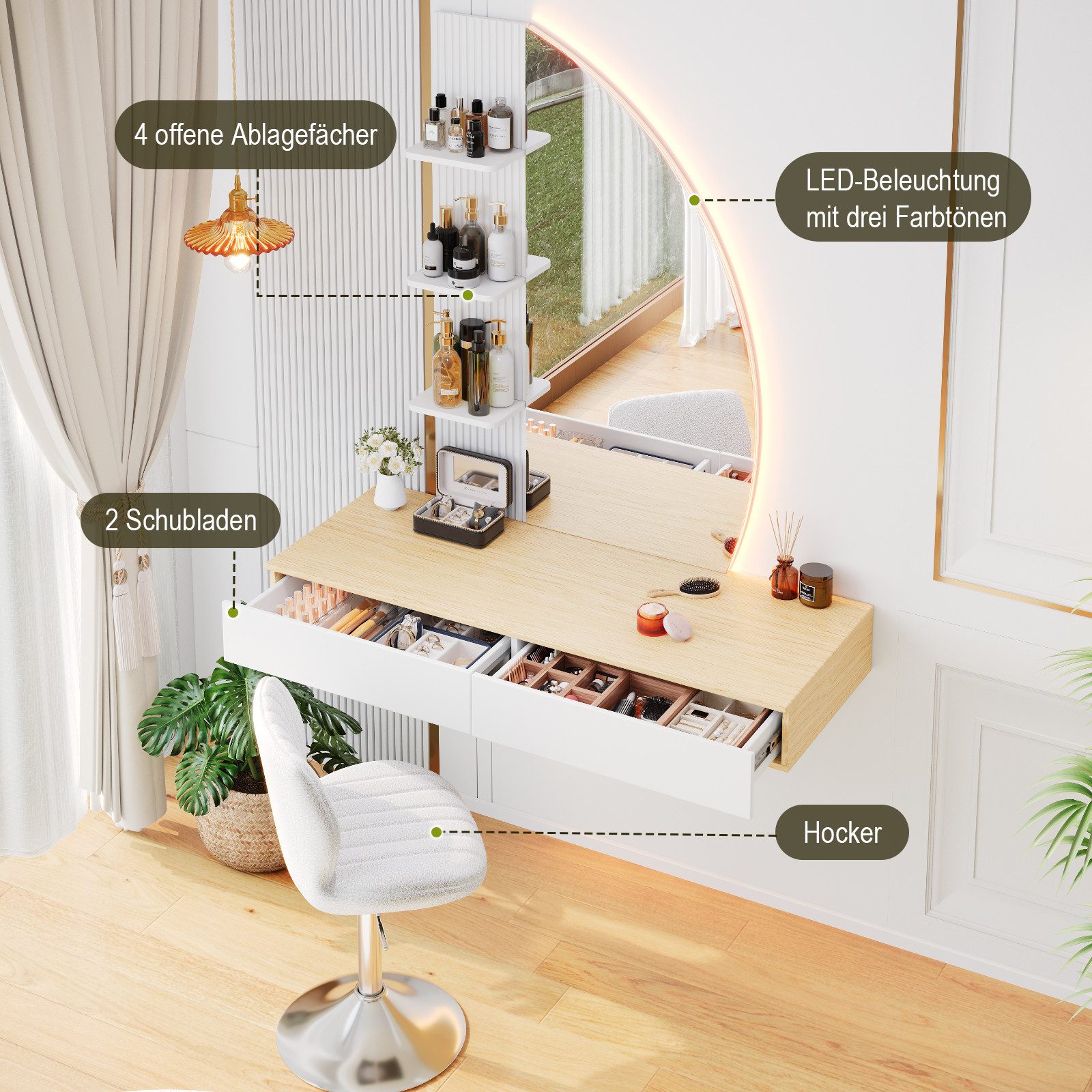 HOMALL Schminktisch Hängender Schminktisch mit LED-Beleuchtung (Maße: 106 × 40 × 143 cm, mit 3 offenen Ablagefächern, 2 Schubladen und drei einstellbaren Farbte – Bild 4 von 5