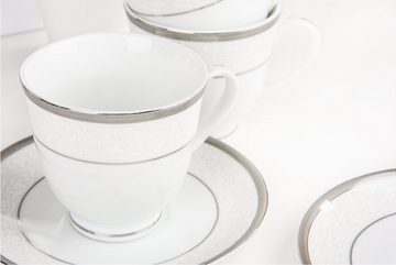 Konsimo Kaffeeservice GEOS PLATIN Teeservice (15-tlg), 6 Personen, Porzellan, Tasse Untertasse Dessertteller Kaffeekanne Zuckerdose Milchkännchen