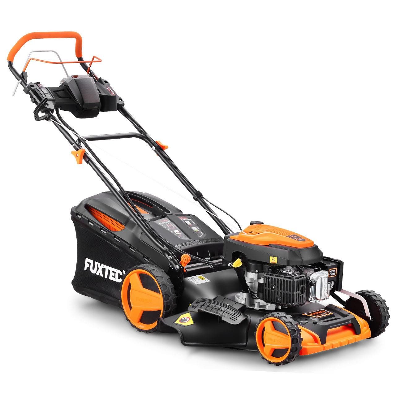 FUXTEC Benzinrasenmäher FX-RM5196eSSL, 51 cm Schnittbreite, 60 L Fangkorb, Auto-Choke-System, E-Start, 5,3 PS, 25-75mm Schnitthöhe