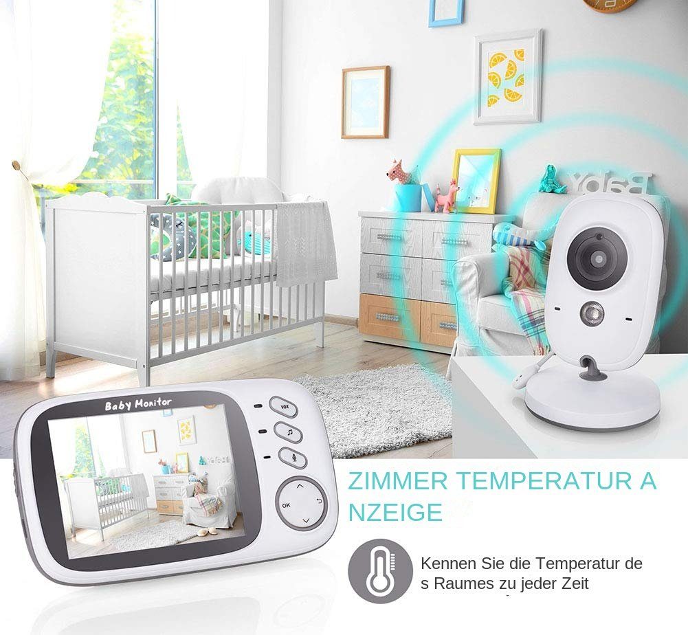 Temperaturanzeige, Schlaflieder, Extra Zwei-Wege-Audio, Großer Kamera, Video-Babyphone Babyphone BUMHUM Infrarot-Nachtsicht, Video-Babyphone mit Gegensprechfunktion 3.2-Zoll-LCD-Bildschirm,