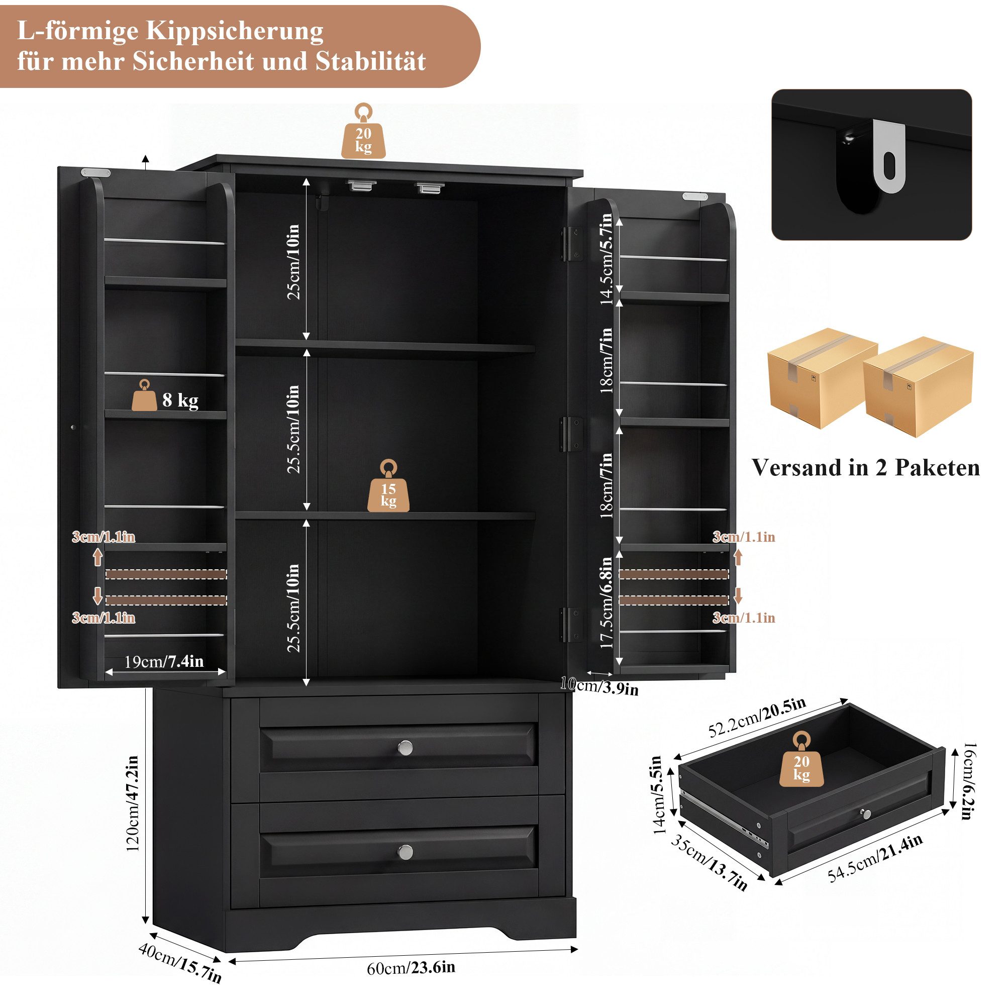 Homfa Mehrzweckschrank Küchenschrank Vorratsschrank Buffetschrank Speiseschrank mit 8 Türregalen, 2 Schubladen, 60x40x120cm