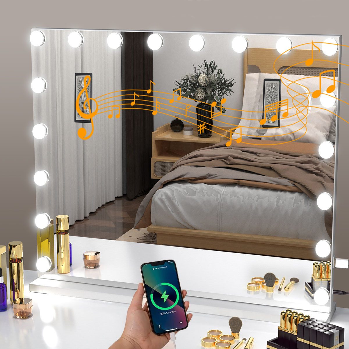 Schminkspiegel Schminkspiegel mit Lautsprecher, 15/18 LEDs Hollywood Kosmetikspiegel