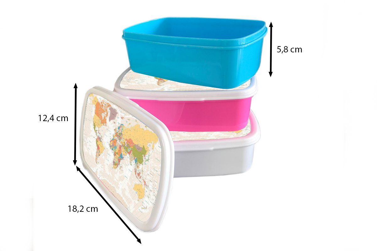 weiß Kinder - Kunststoff, Jungs Weltkarte und Statistisch, MuchoWow Brotdose, Lunchbox für Erwachsene, und - (2-tlg), für Farben Pädagogisch Retro Mädchen Brotbox - -
